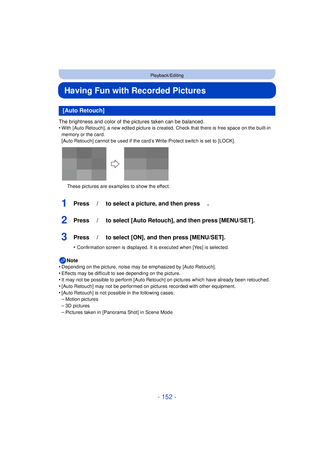 Panasonic DMC-FZ60K, DMC-FZ200K owner manual Having Fun with Recorded Pictures, 152, Auto Retouch 