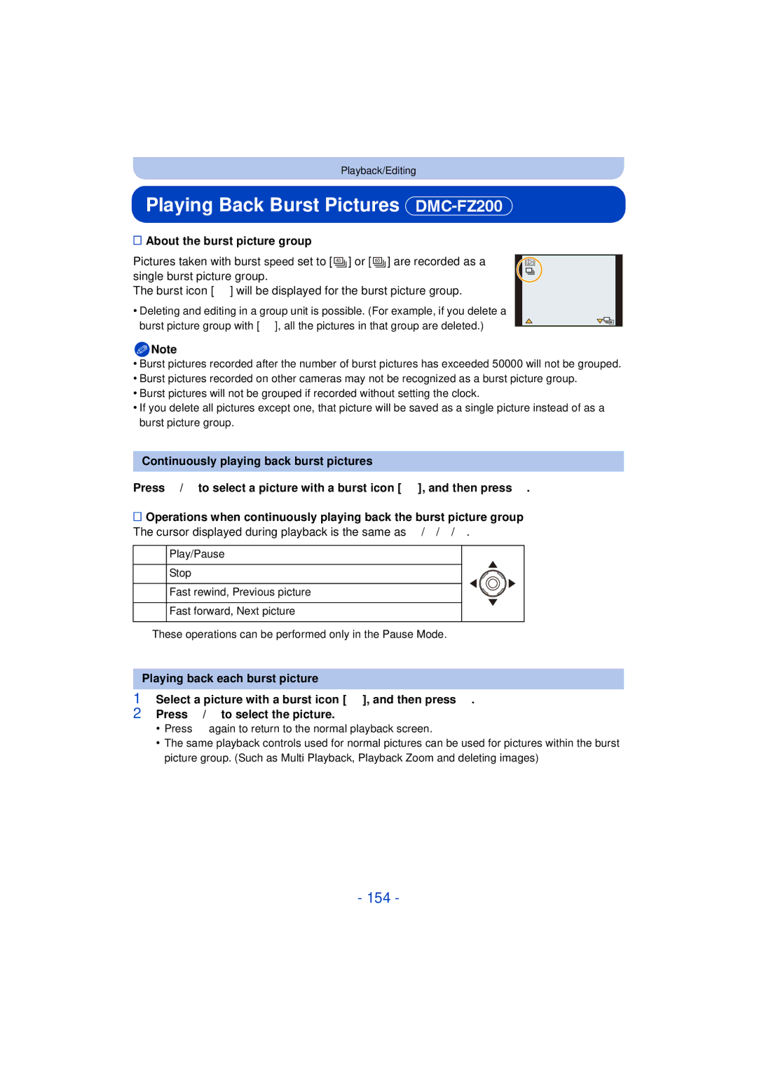 Panasonic DMC-FZ60K, DMC-FZ200K owner manual Playing Back Burst Pictures DMC-FZ200, 154, About the burst picture group 