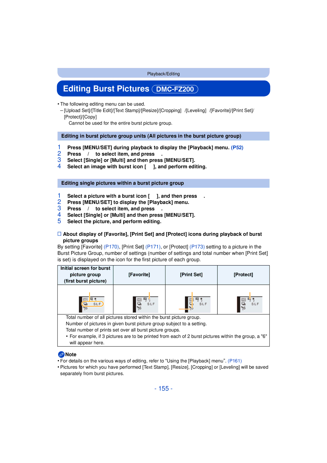 Panasonic DMC-FZ200K, DMC-FZ60K owner manual Editing Burst Pictures DMC-FZ200, 155, Favorite Print Set Protect 