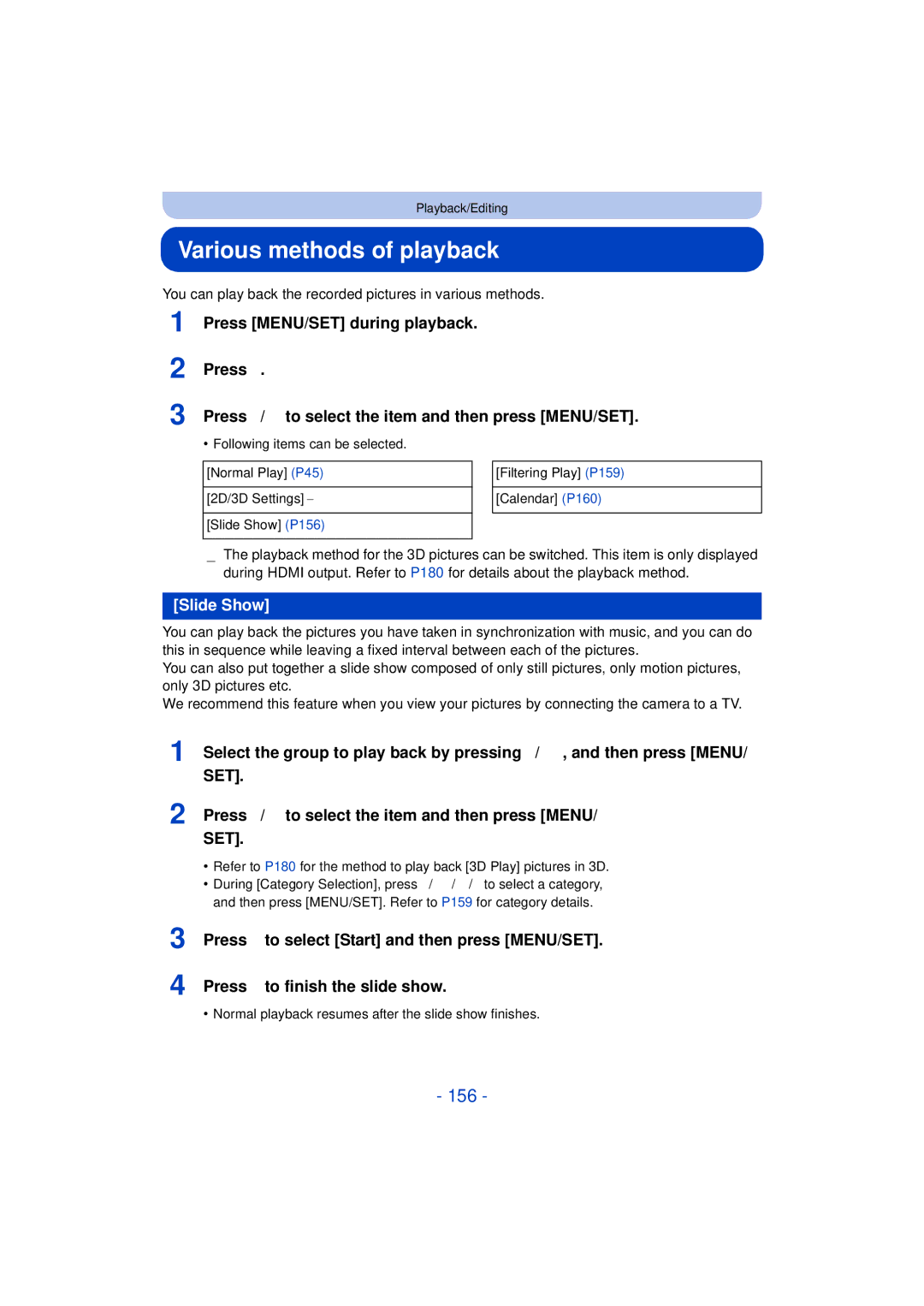 Panasonic DMC-FZ60K, DMC-FZ200K owner manual Various methods of playback, 156, Slide Show 