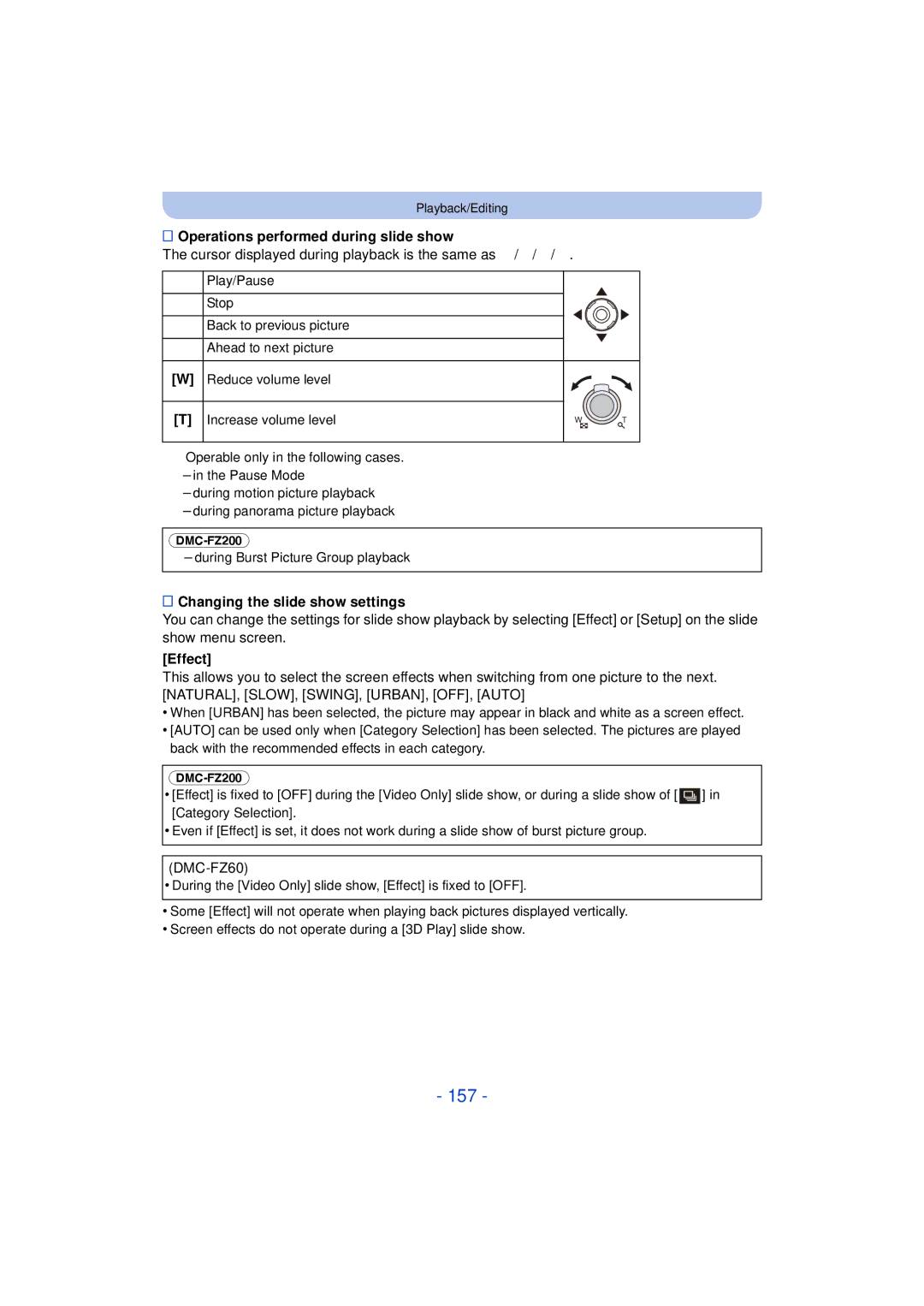 Panasonic DMC-FZ200 157, Operations performed during slide show, Cursor displayed during playback is the same as 3/4/2/1 