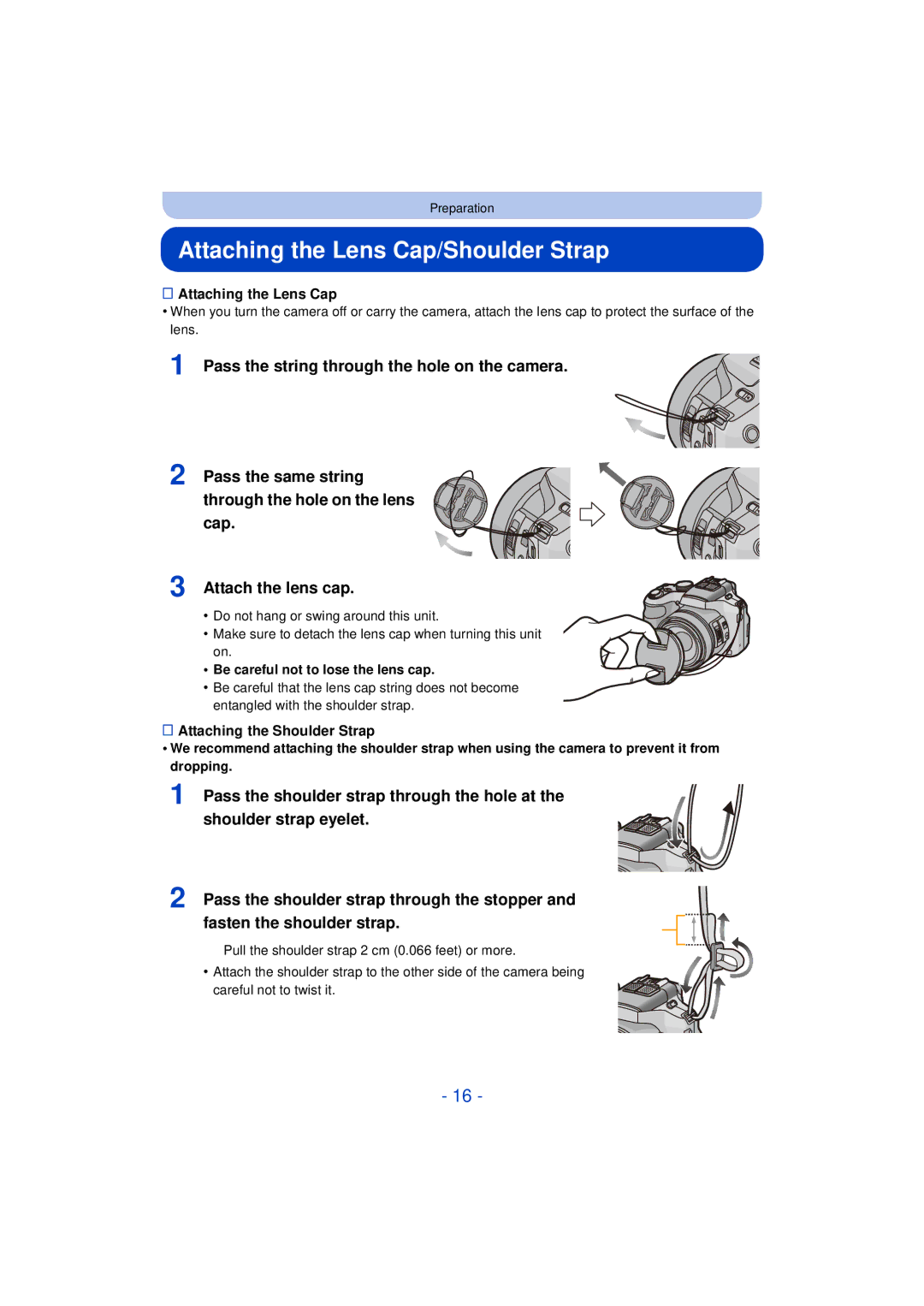 Panasonic DMC-FZ60K, DMC-FZ200K owner manual Attaching the Lens Cap/Shoulder Strap, Attaching the Shoulder Strap 