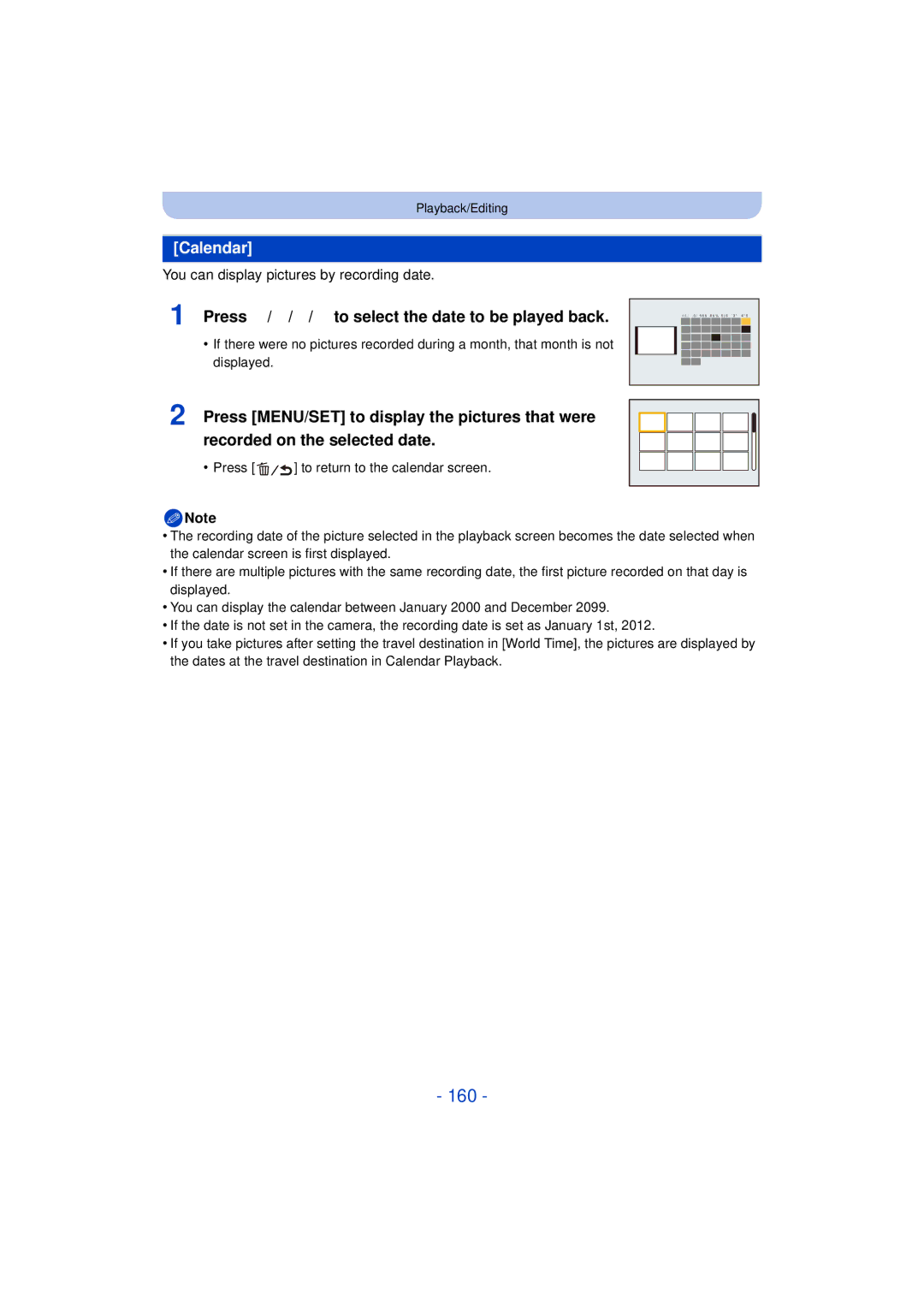 Panasonic DMC-FZ60K, DMC-FZ200K owner manual 160, Calendar, Press 3/4/2/1 to select the date to be played back 