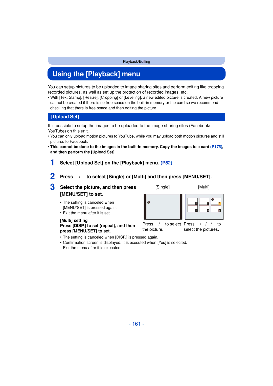 Panasonic DMC-FZ200 Using the Playback menu, 161, Upload Set, SingleMulti Press 2/1 to select Press 3/4/2/1 to Picture 