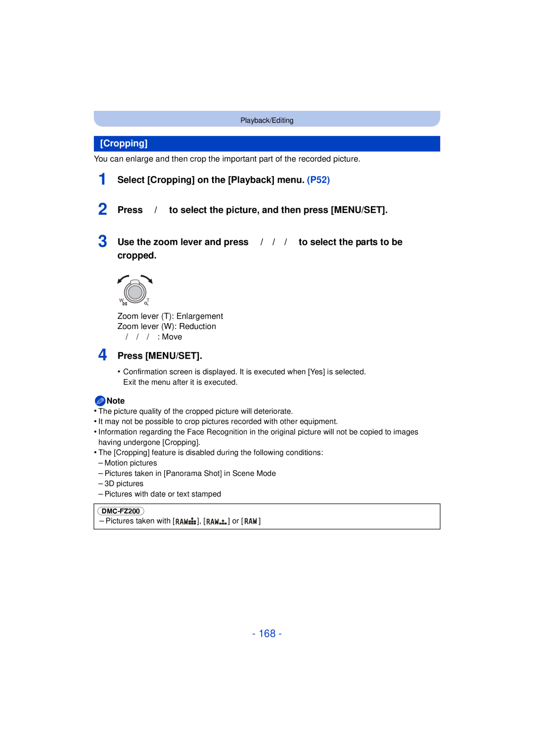 Panasonic DMC-FZ60K, DMC-FZ200K owner manual 168, Cropping, Zoom lever T Enlargement Zoom lever W Reduction 2/1 Move 