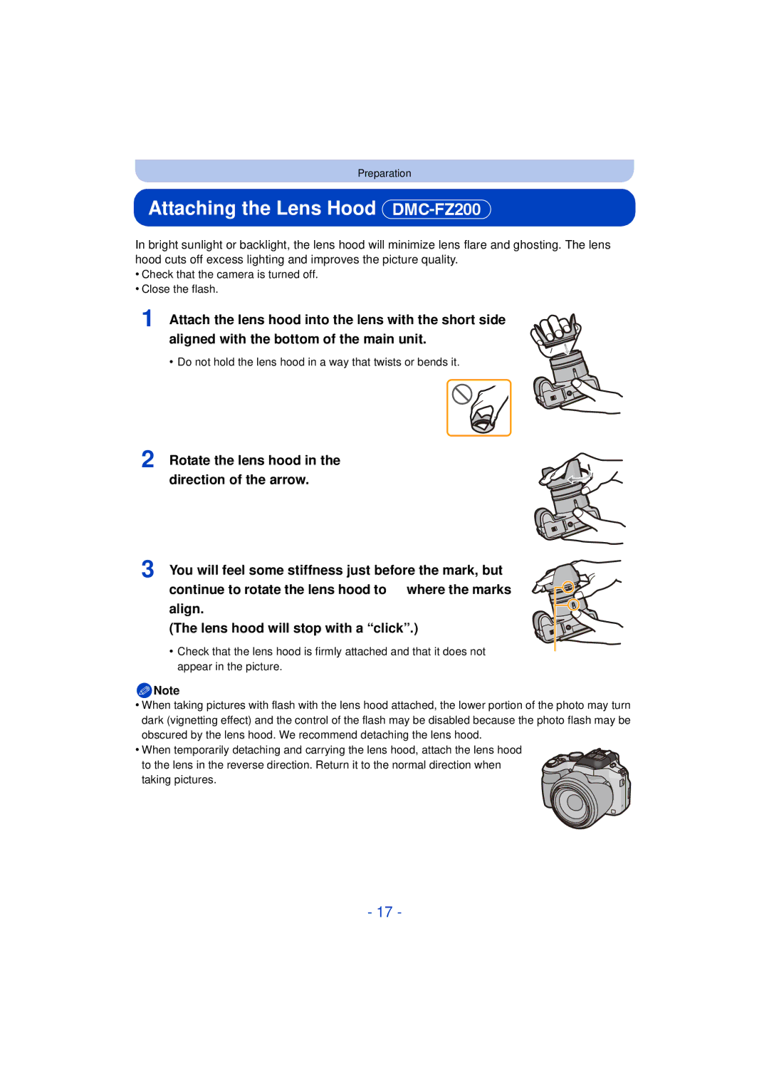 Panasonic DMC-FZ60K, DMC-FZ200K owner manual Attaching the Lens Hood DMC-FZ200 