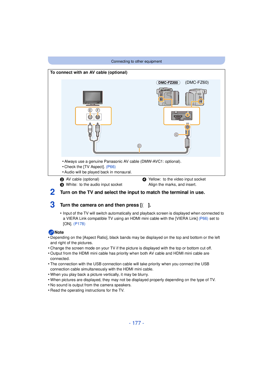 Panasonic DMC-FZ60K, DMC-FZ200K owner manual 177, To connect with an AV cable optional 