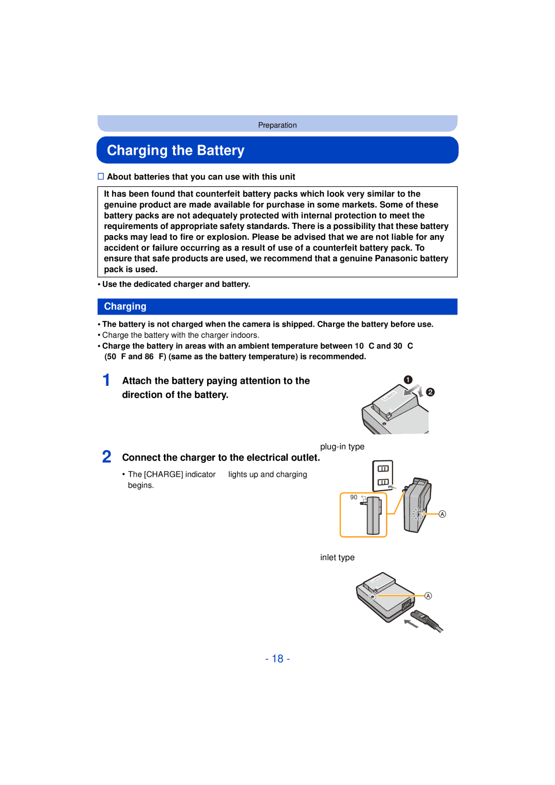 Panasonic DMC-FZ60K Charging the Battery, Connect the charger to the electrical outlet, Plug-in type, Inlet type 