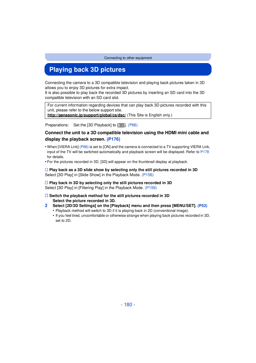 Panasonic DMC-FZ60, DMC-FZ200 Playing back 3D pictures, 180, Select 3D Play in Filtering Play in the Playback Mode. P159 