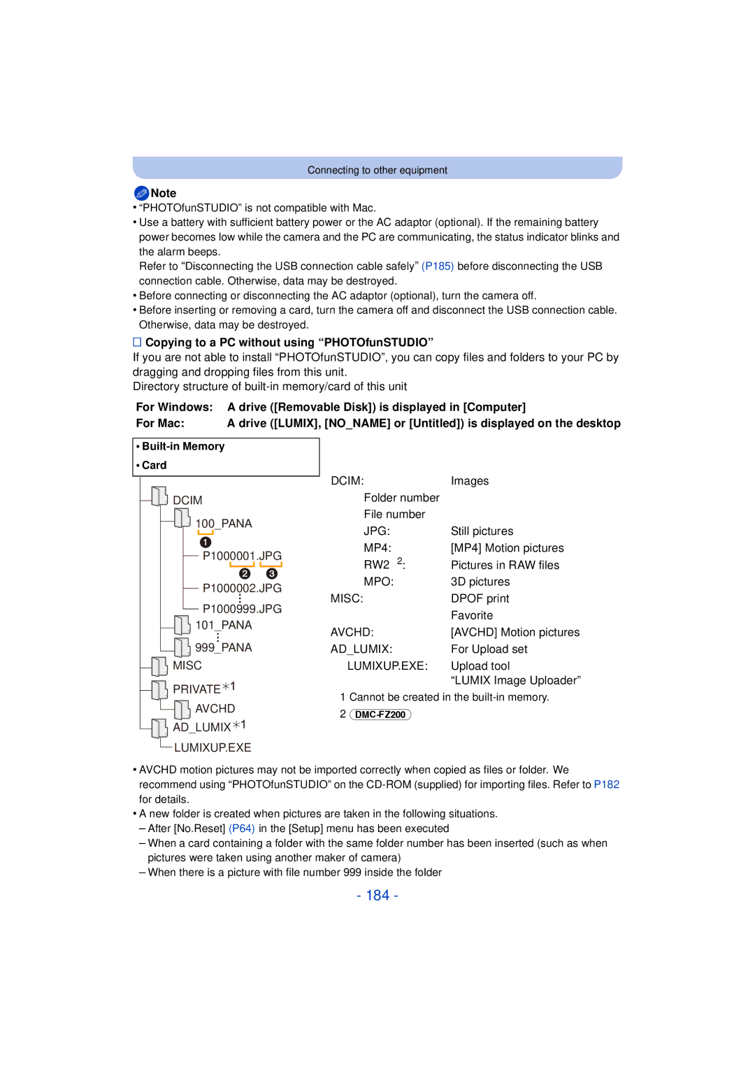 Panasonic DMC-FZ60K, DMC-FZ200K owner manual 184, Copying to a PC without using PHOTOfunSTUDIO 