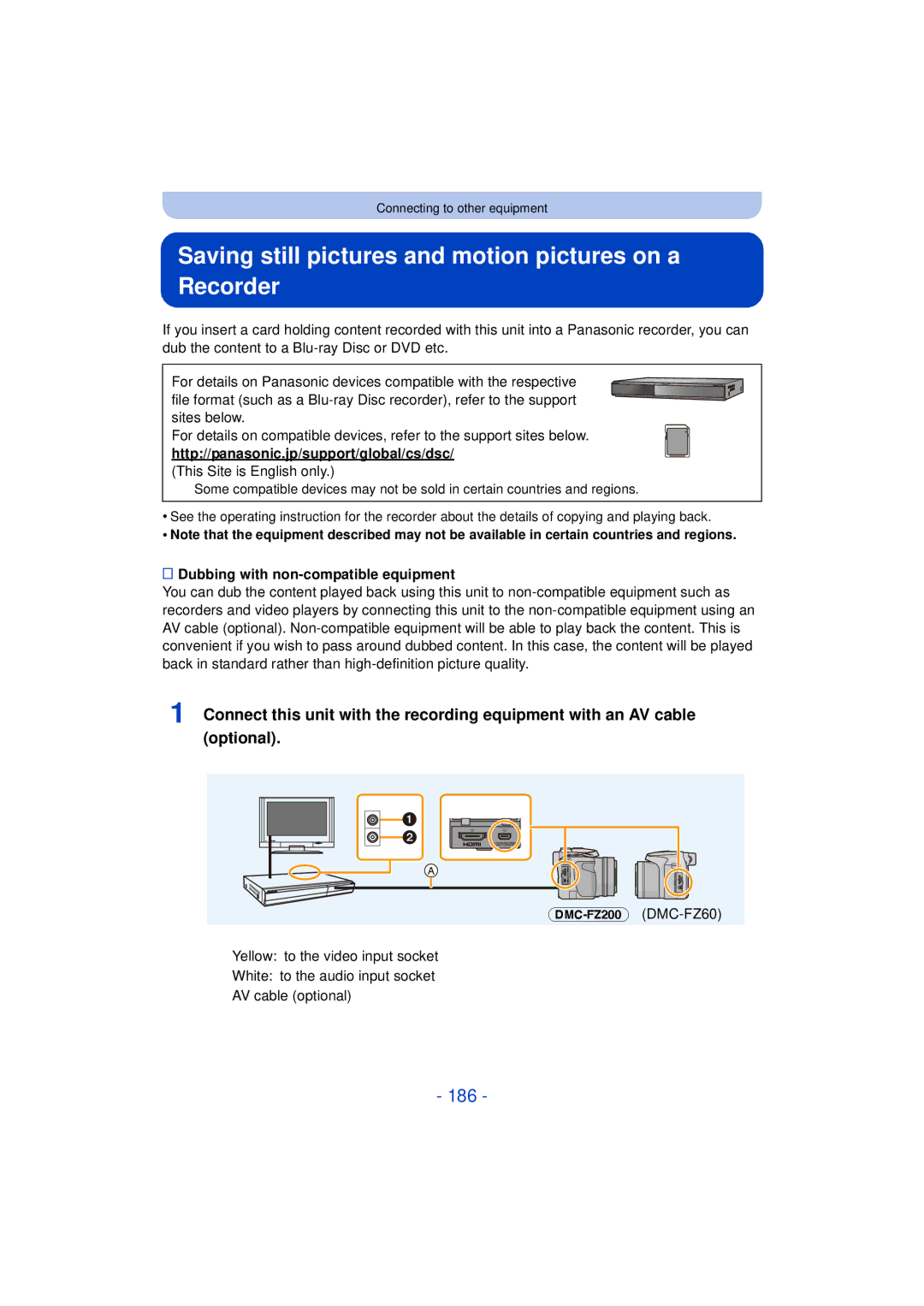 Panasonic DMC-FZ60K Saving still pictures and motion pictures on a Recorder, 186, Dubbing with non-compatible equipment 