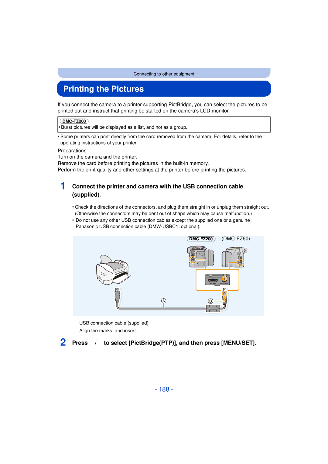 Panasonic DMC-FZ60, DMC-FZ200 Printing the Pictures, 188, Press 3/4 to select PictBridgePTP, and then press MENU/SET 