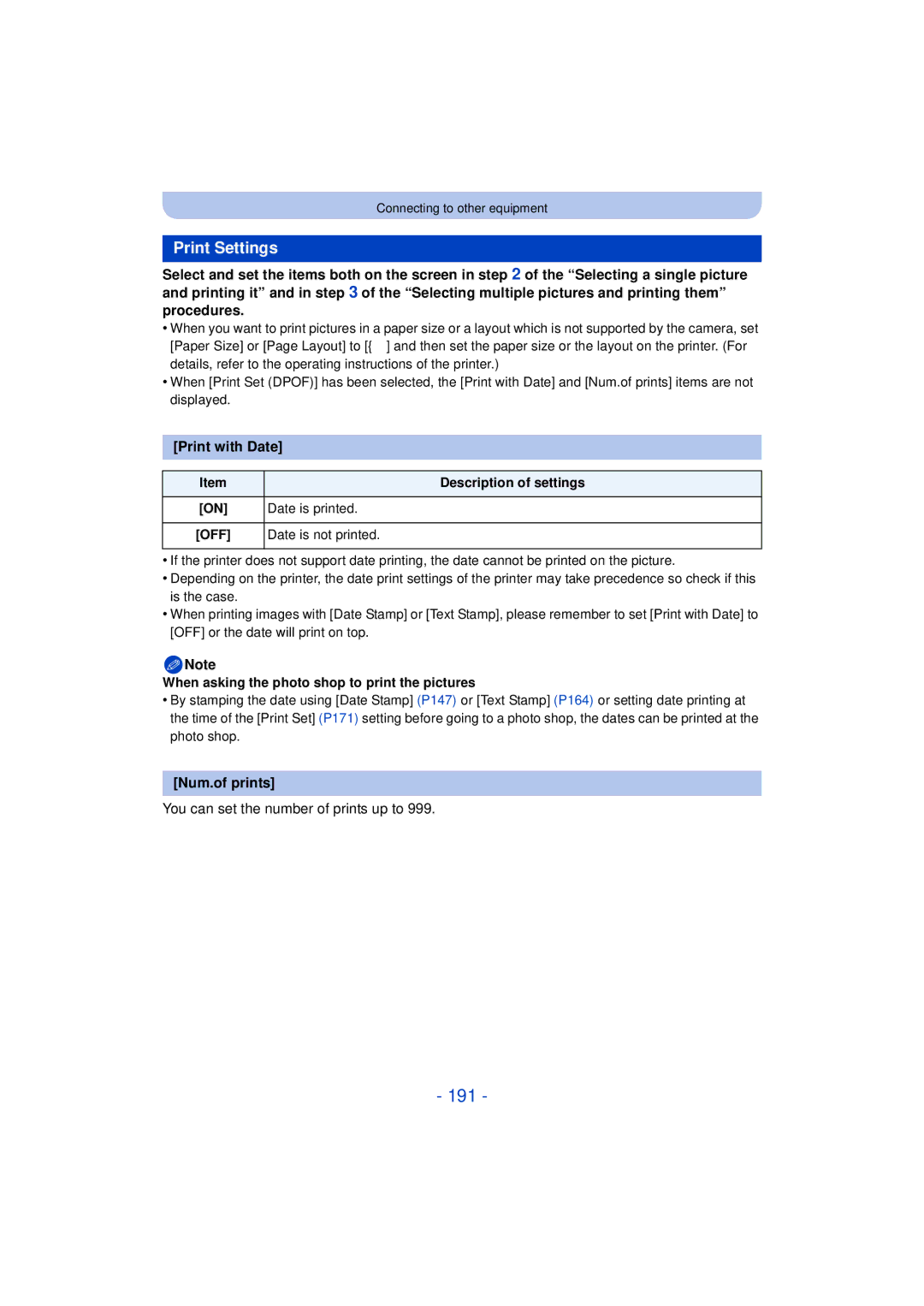 Panasonic DMC-FZ200K, DMC-FZ60 191, Print Settings, Print with Date, Num.of prints, You can set the number of prints up to 