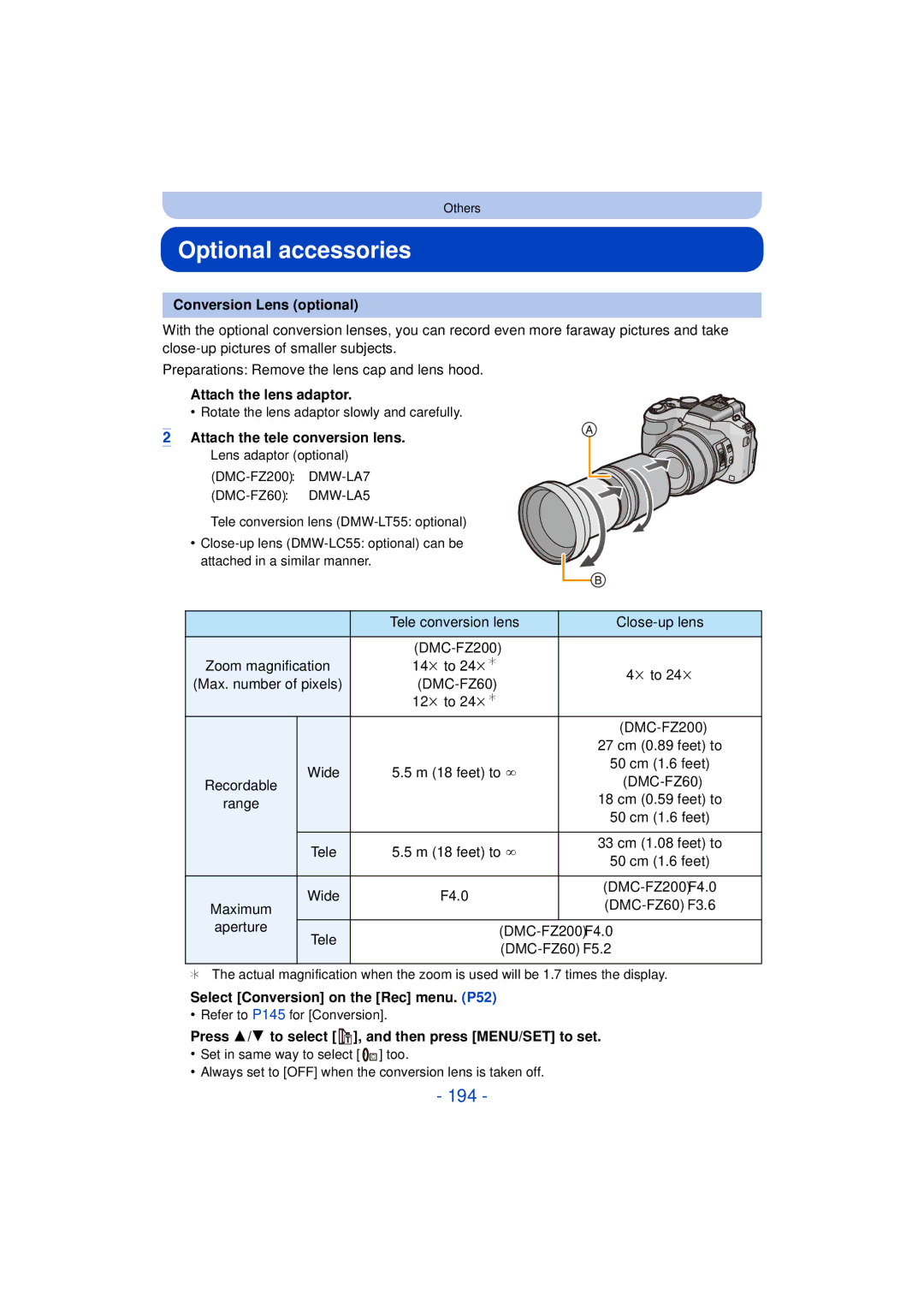 Panasonic DMC-FZ60K, DMC-FZ200K owner manual Optional accessories, 194 