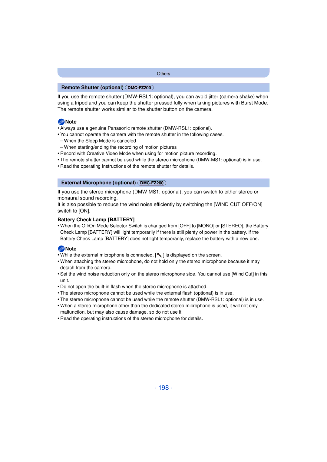 Panasonic DMC-FZ60K, DMC-FZ200K owner manual 198, Remote Shutter optional DMC-FZ200, External Microphone optional DMC-FZ200 