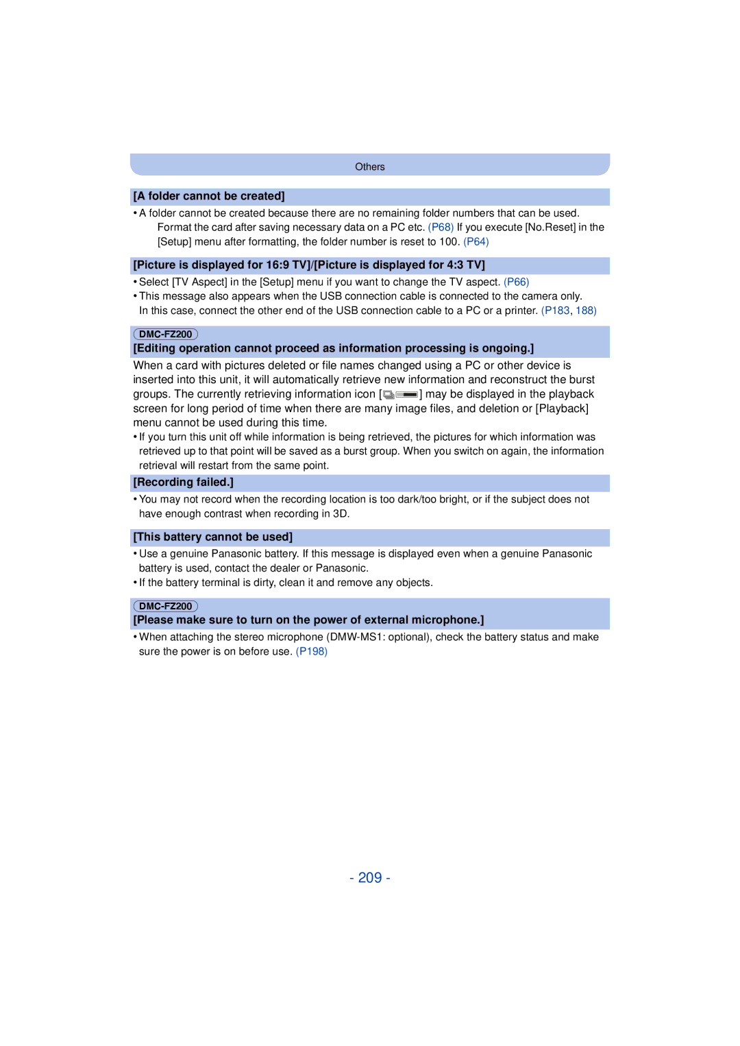Panasonic DMC-FZ60K, DMC-FZ200K 209, Folder cannot be created, Recording failed, This battery cannot be used 
