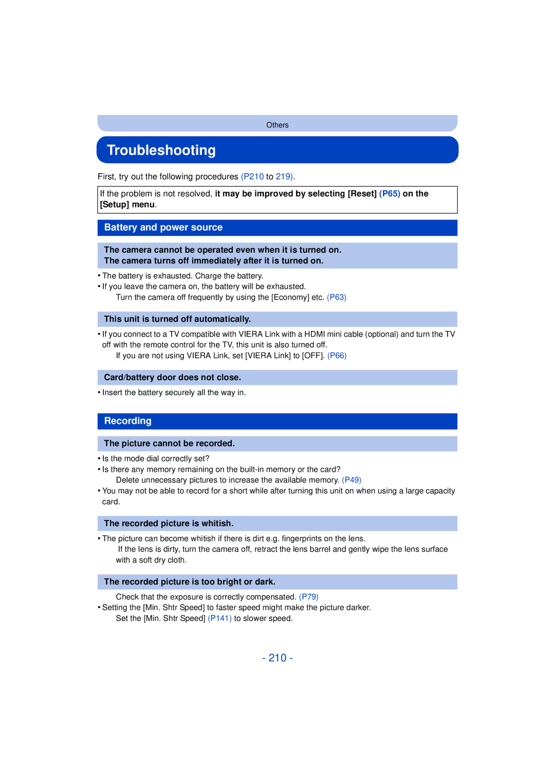 Panasonic DMC-FZ60K, DMC-FZ200K owner manual Troubleshooting, 210, Battery and power source, Recording 