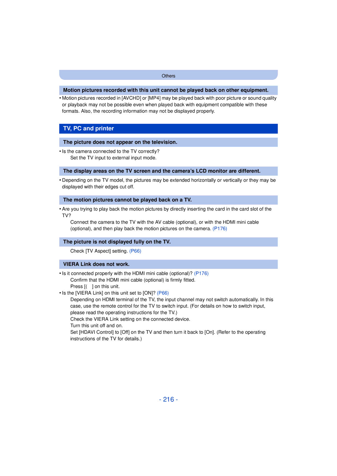 Panasonic DMC-FZ60K, DMC-FZ200K owner manual 216, TV, PC and printer 