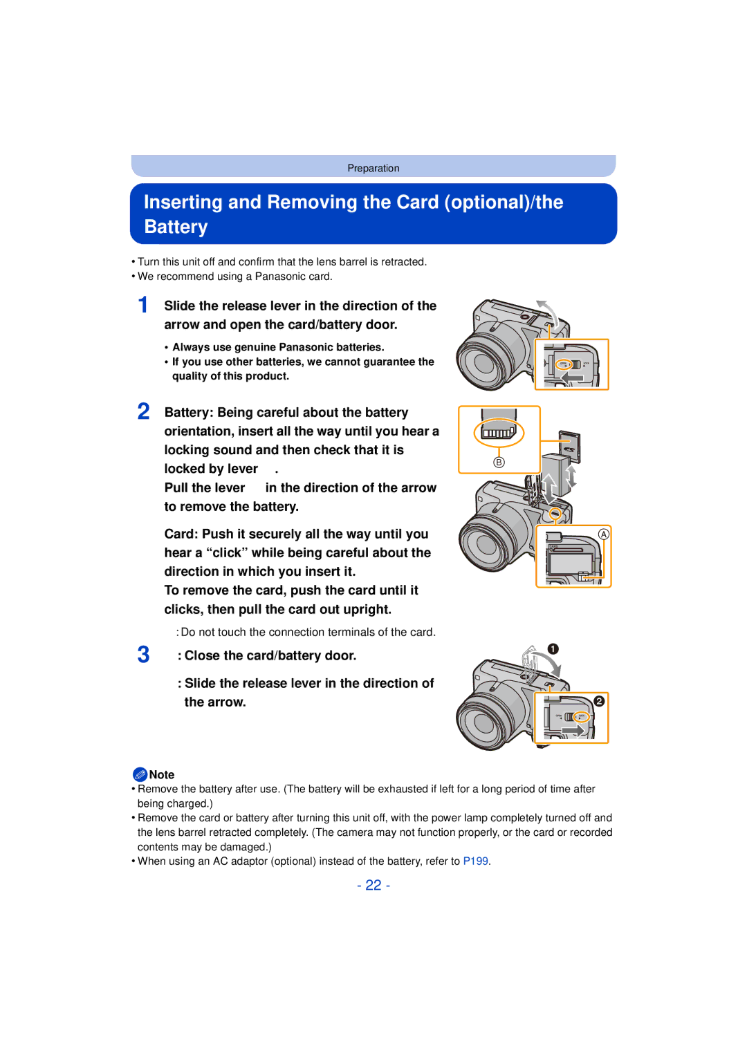 Panasonic DMC-FZ60K, DMC-FZ200K owner manual Inserting and Removing the Card optional/the Battery 