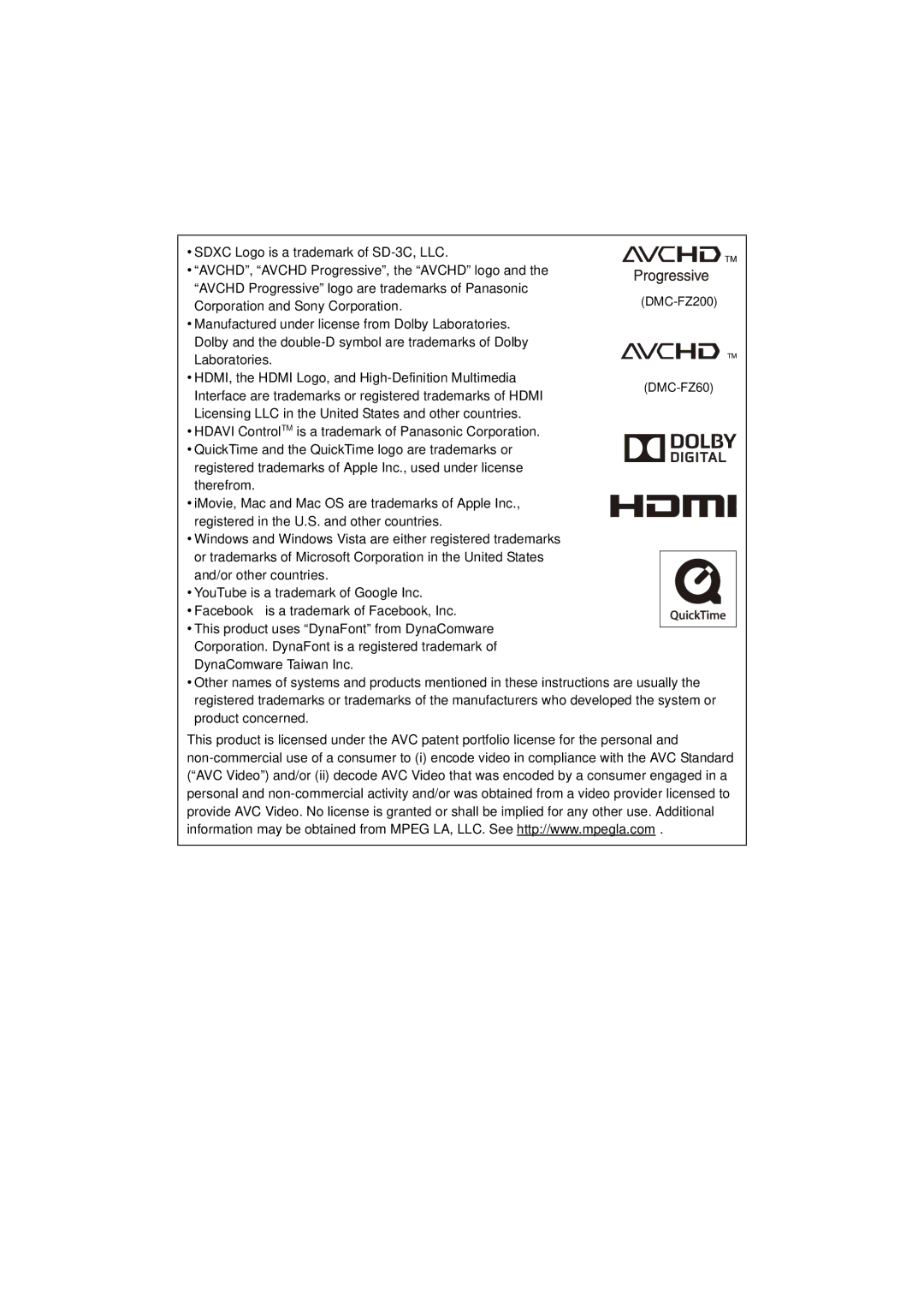 Panasonic DMC-FZ60K, DMC-FZ200K owner manual Corporation and Sony Corporation 