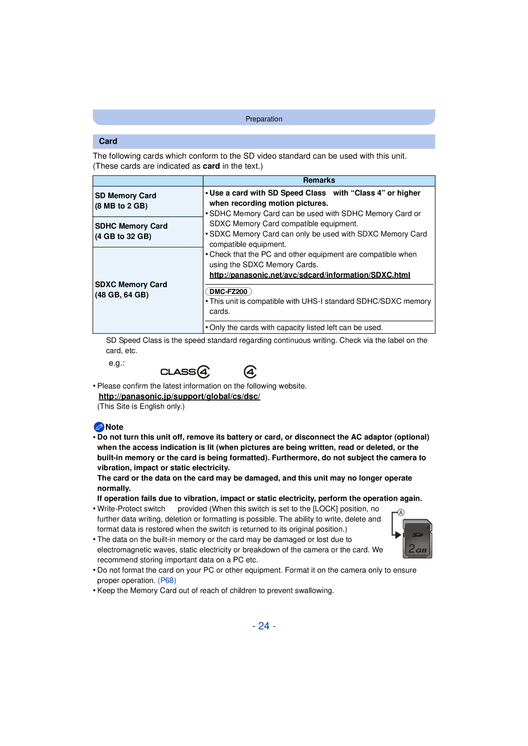 Panasonic DMC-FZ60K, DMC-FZ200K owner manual Card 