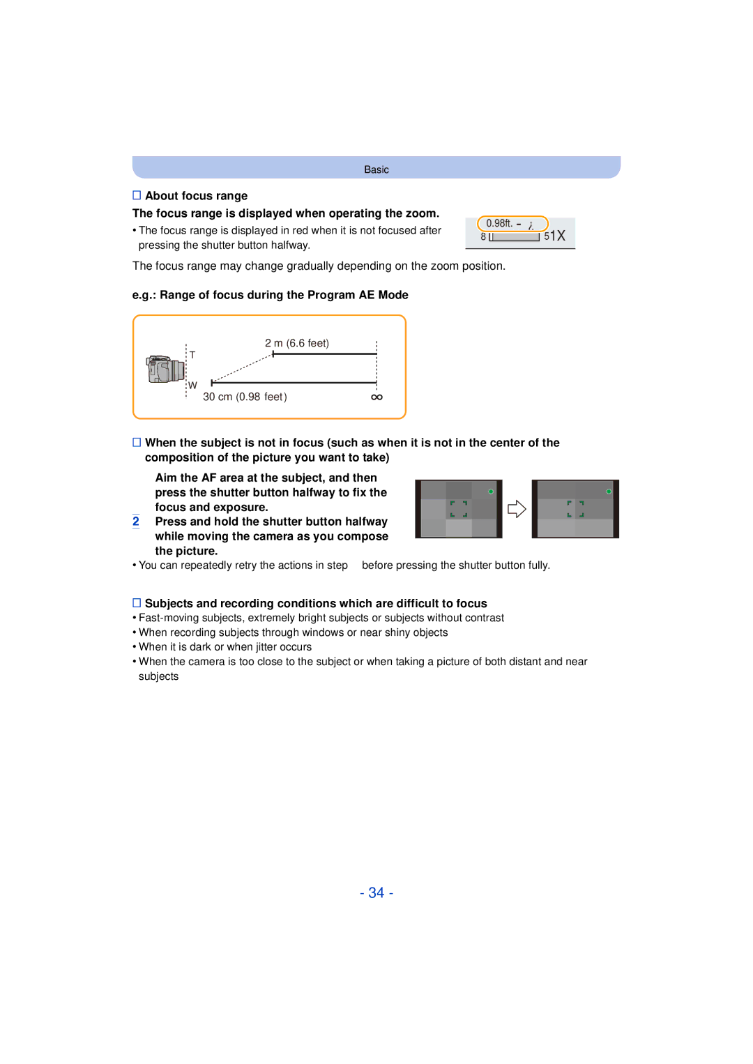 Panasonic DMC-FZ60K, DMC-FZ200K owner manual Range of focus during the Program AE Mode 