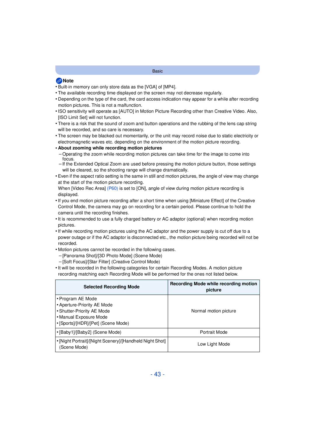 Panasonic DMC-FZ200K, DMC-FZ60K owner manual About zooming while recording motion pictures, Selected Recording Mode 