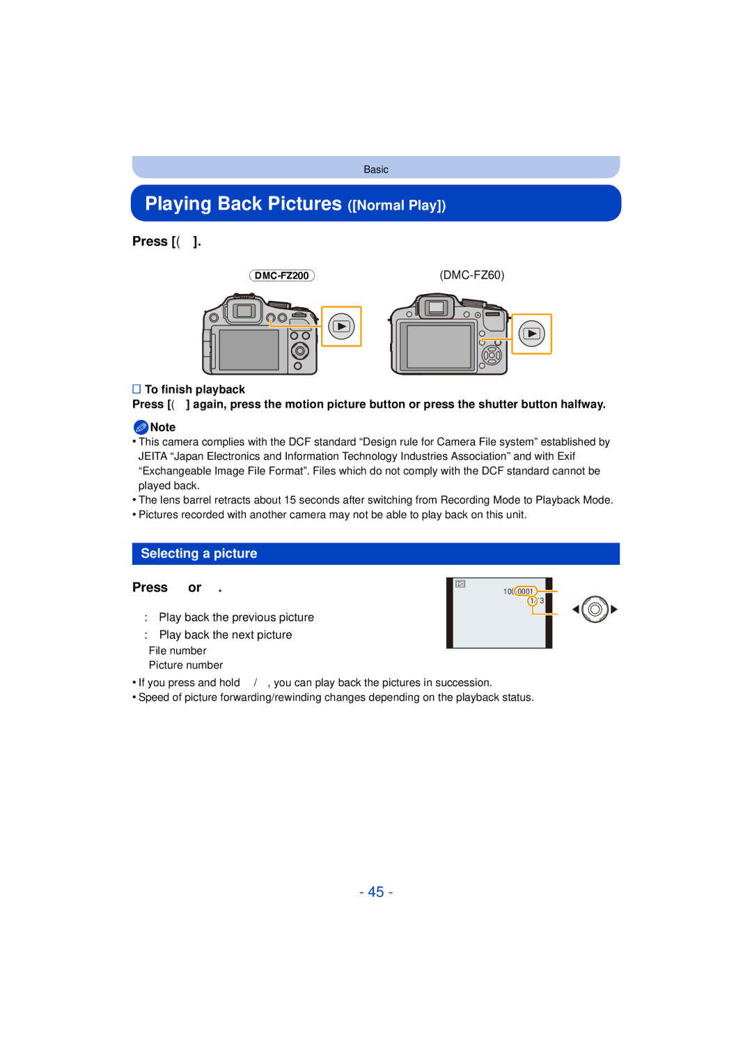 Panasonic DMC-FZ60K, DMC-FZ200K owner manual Playing Back Pictures Normal Play, Selecting a picture, Press 2 or 