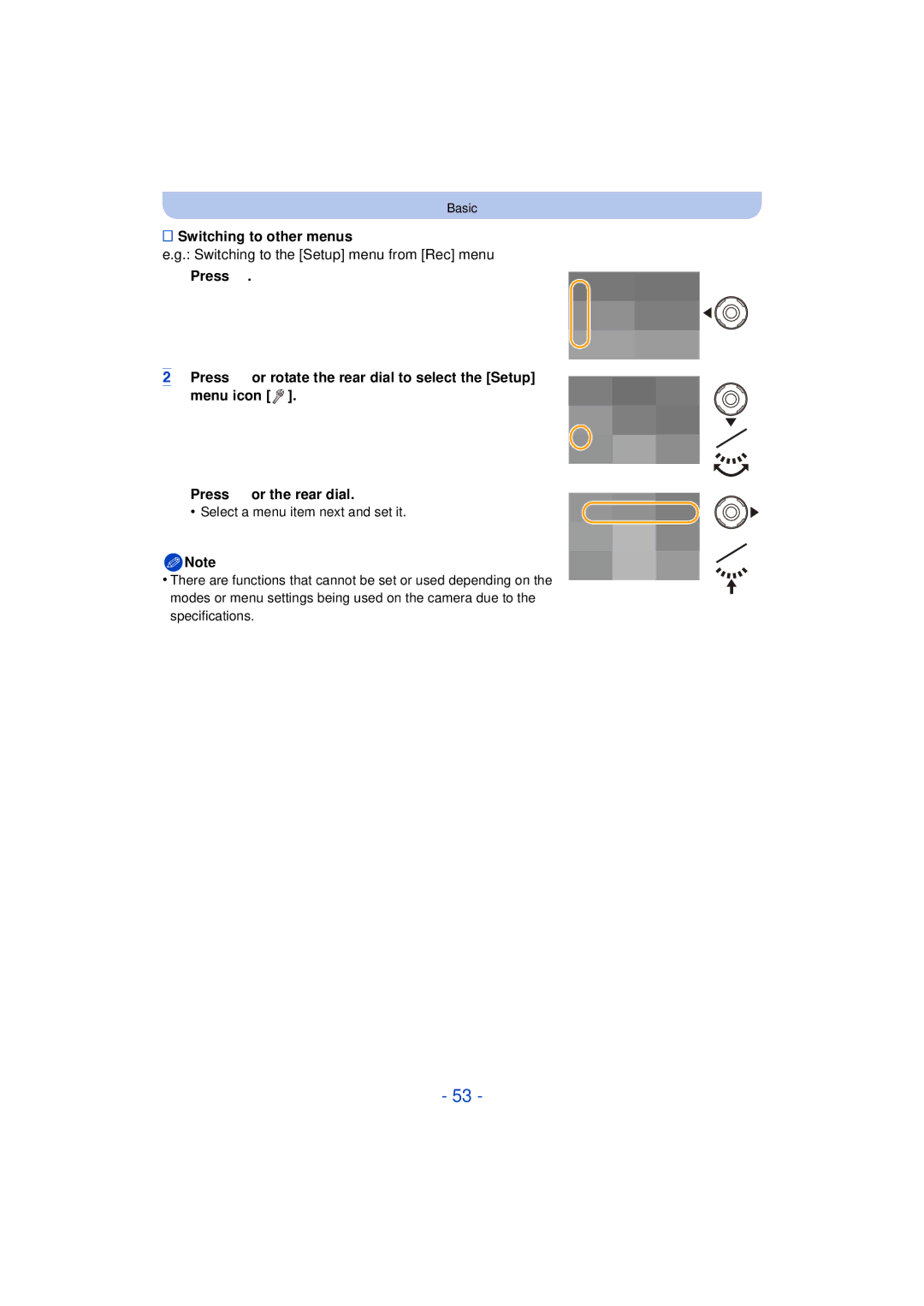 Panasonic DMC-FZ60K, DMC-FZ200K owner manual Switching to other menus, Switching to the Setup menu from Rec menu 