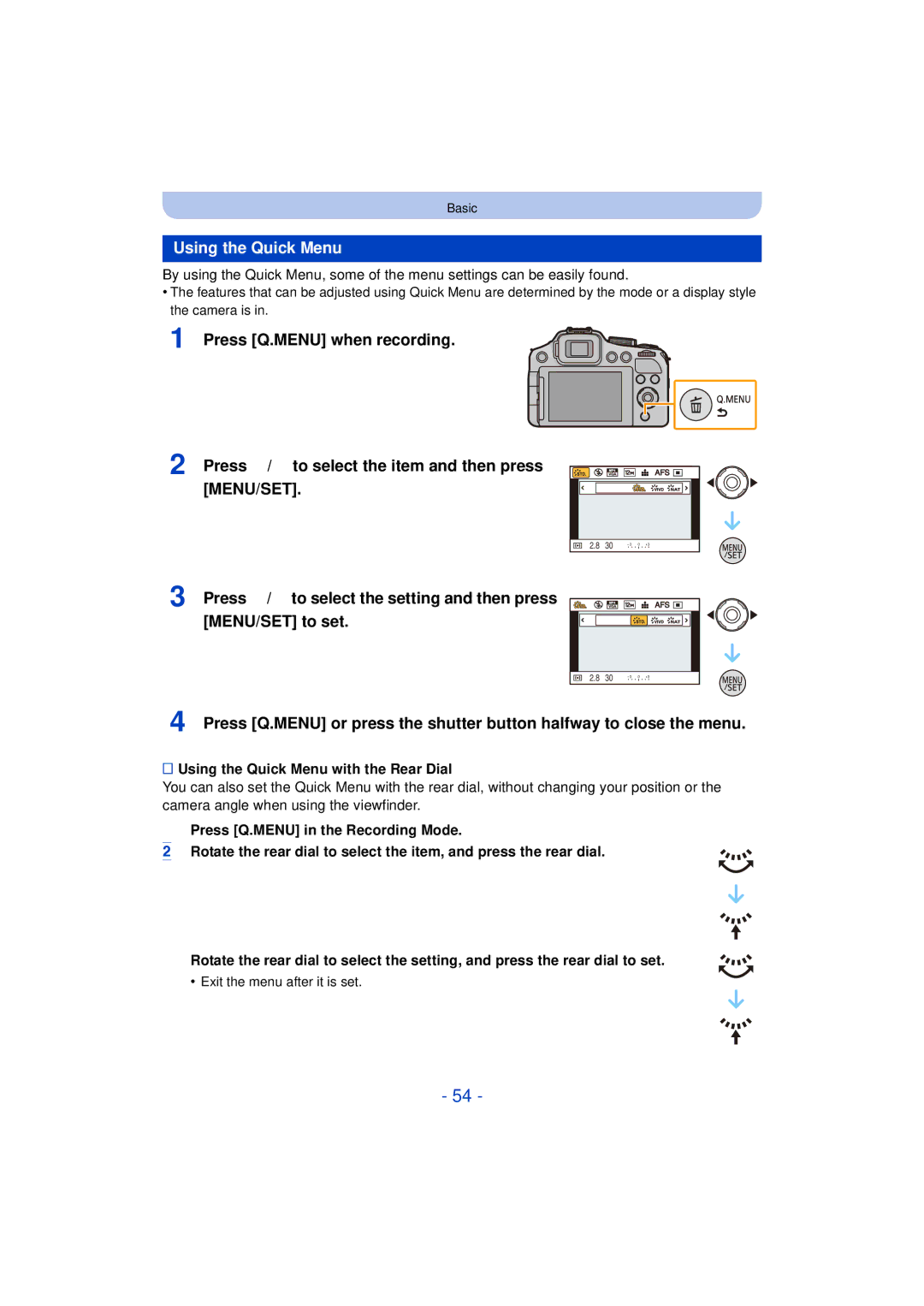 Panasonic DMC-FZ60K, DMC-FZ200K owner manual Using the Quick Menu with the Rear Dial 