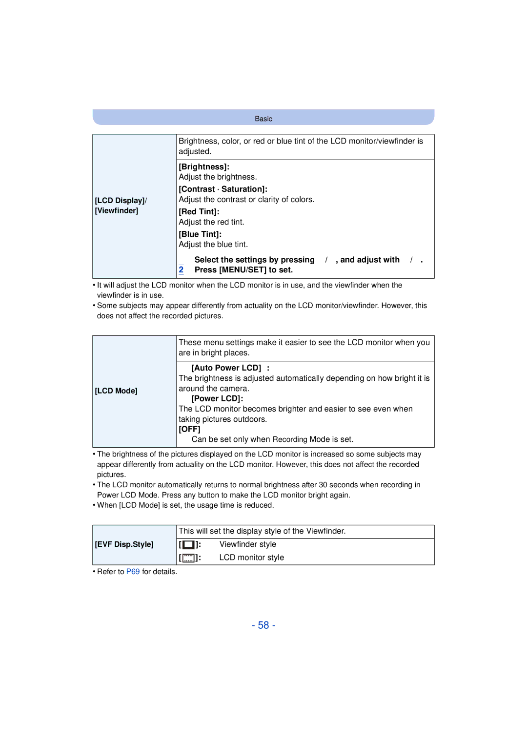 Panasonic DMC-FZ60K, DMC-FZ200K owner manual Brightness, Contrast · Saturation, „ Auto Power LCD¢, … Power LCD 