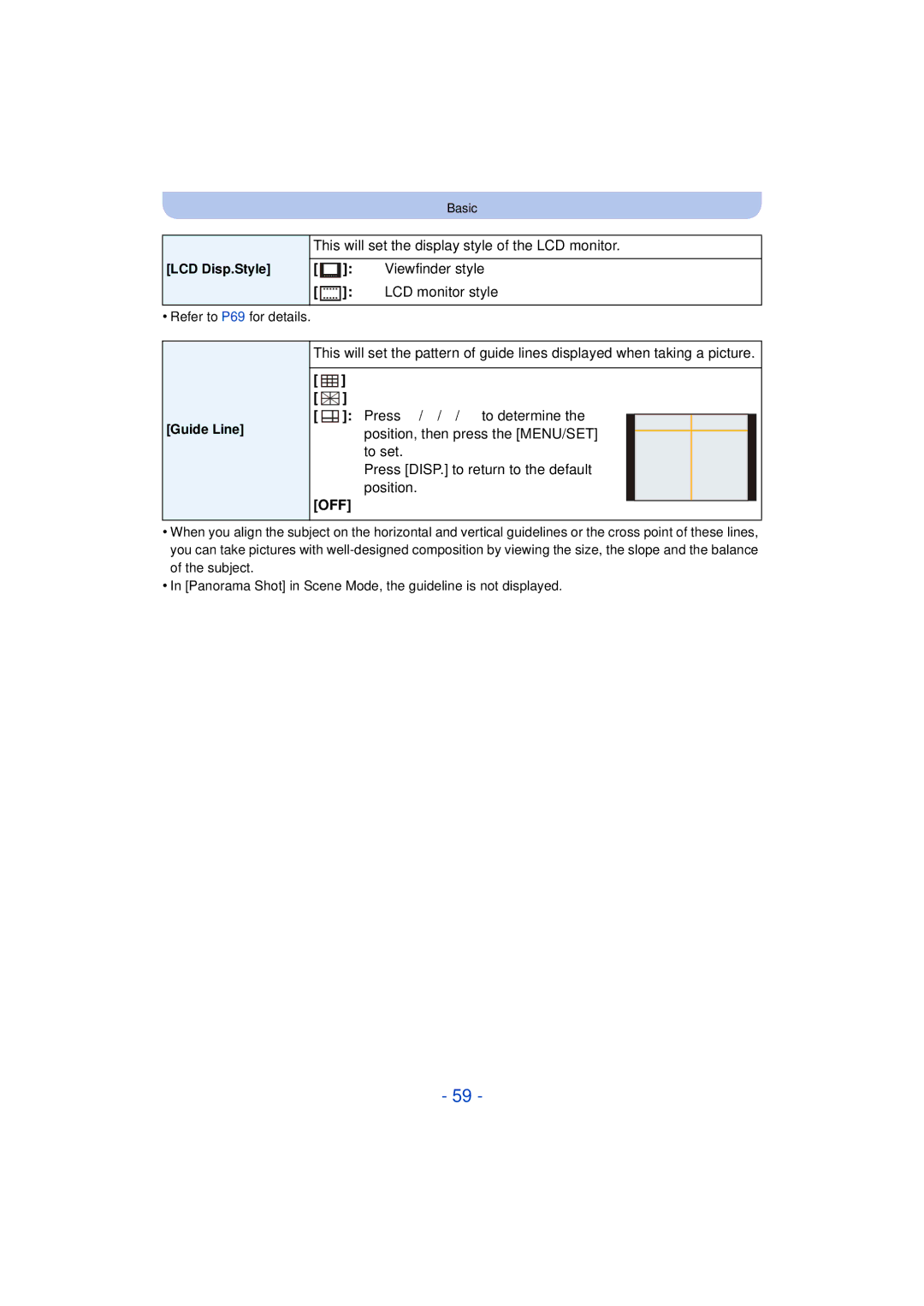 Panasonic DMC-FZ200K This will set the display style of the LCD monitor, LCD Disp.Style Viewfinder style, Guide Line 