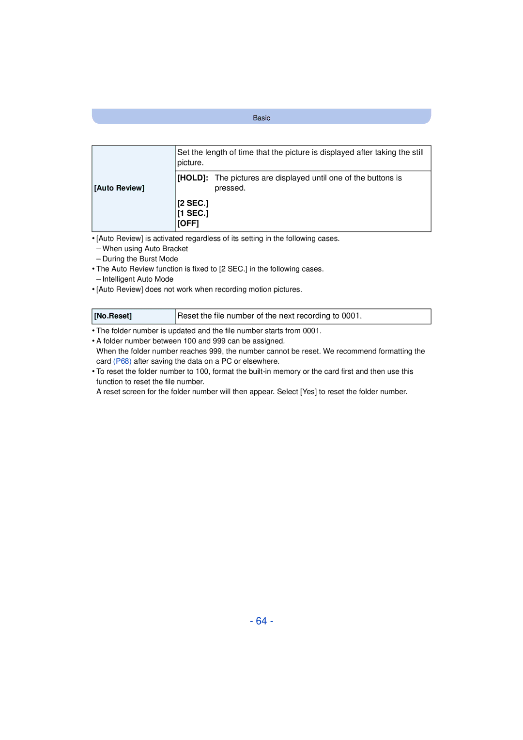 Panasonic DMC-FZ60, DMC-FZ200 Sec Sec. Off, Reset the file number of the next recording to, Auto Review, No.Reset 