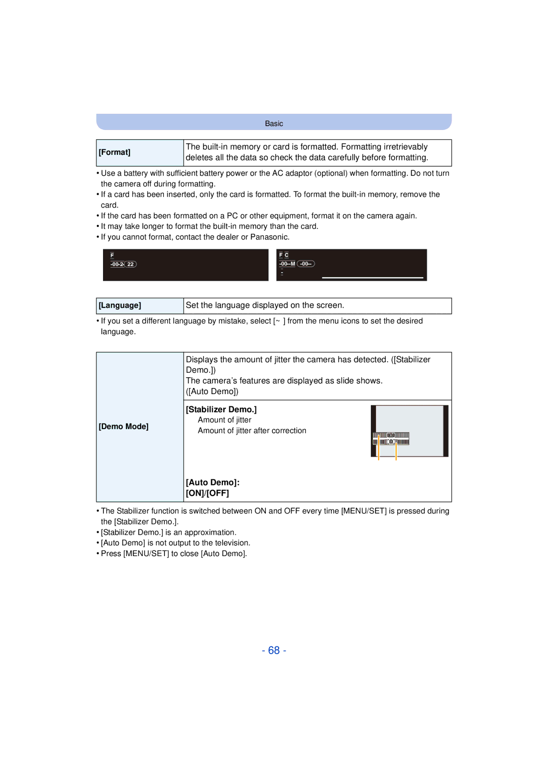 Panasonic DMC-FZ60K, DMC-FZ200K Set the language displayed on the screen, Stabilizer Demo, Auto Demo ON/OFF 