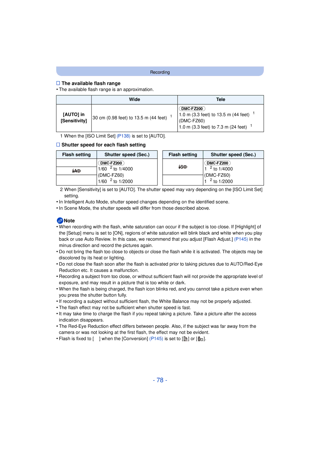 Panasonic DMC-FZ60K, DMC-FZ200K owner manual Available flash range, Shutter speed for each flash setting 