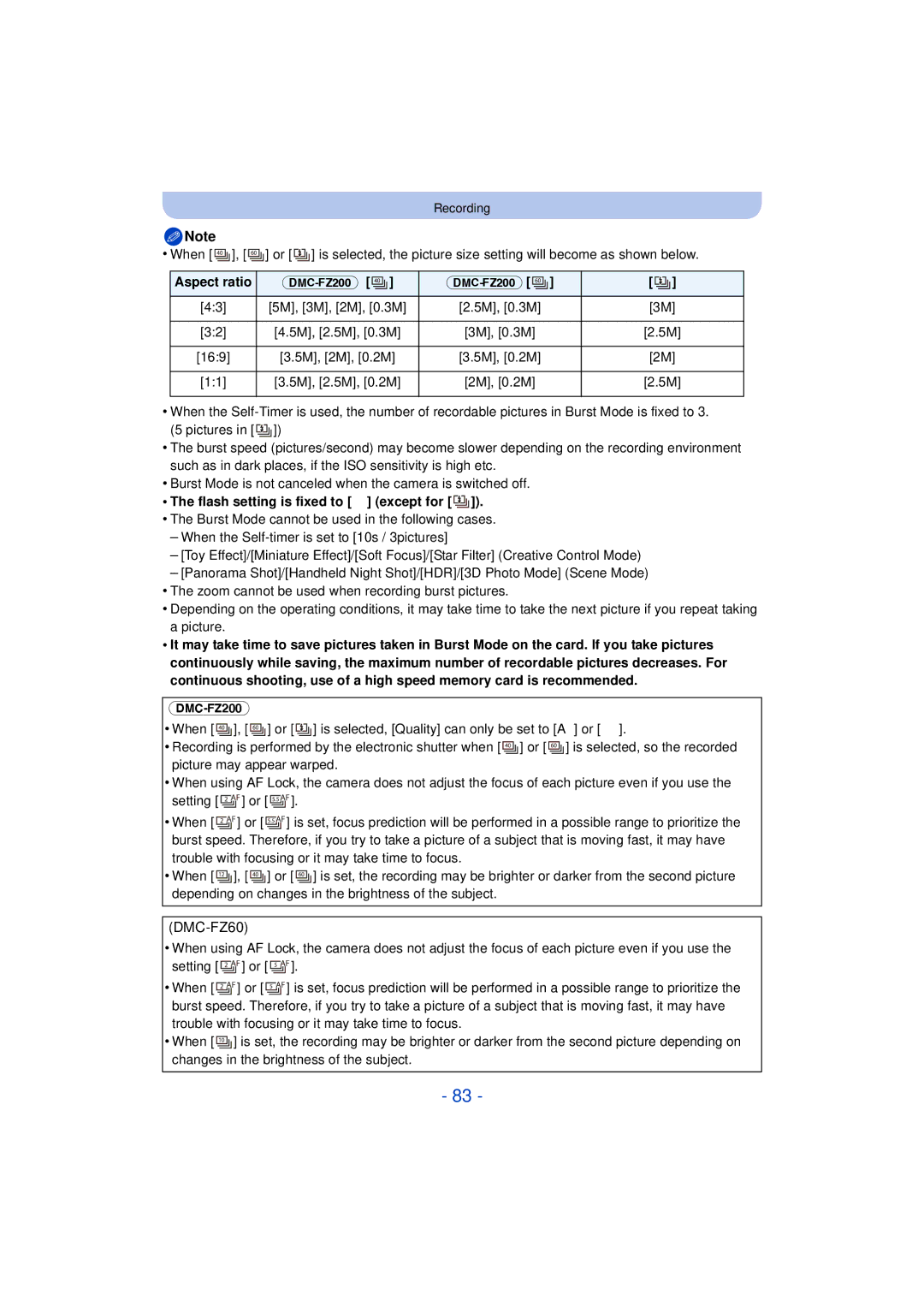 Panasonic DMC-FZ200K, DMC-FZ60K owner manual Aspect ratio, Flash setting is fixed to Œ except for 