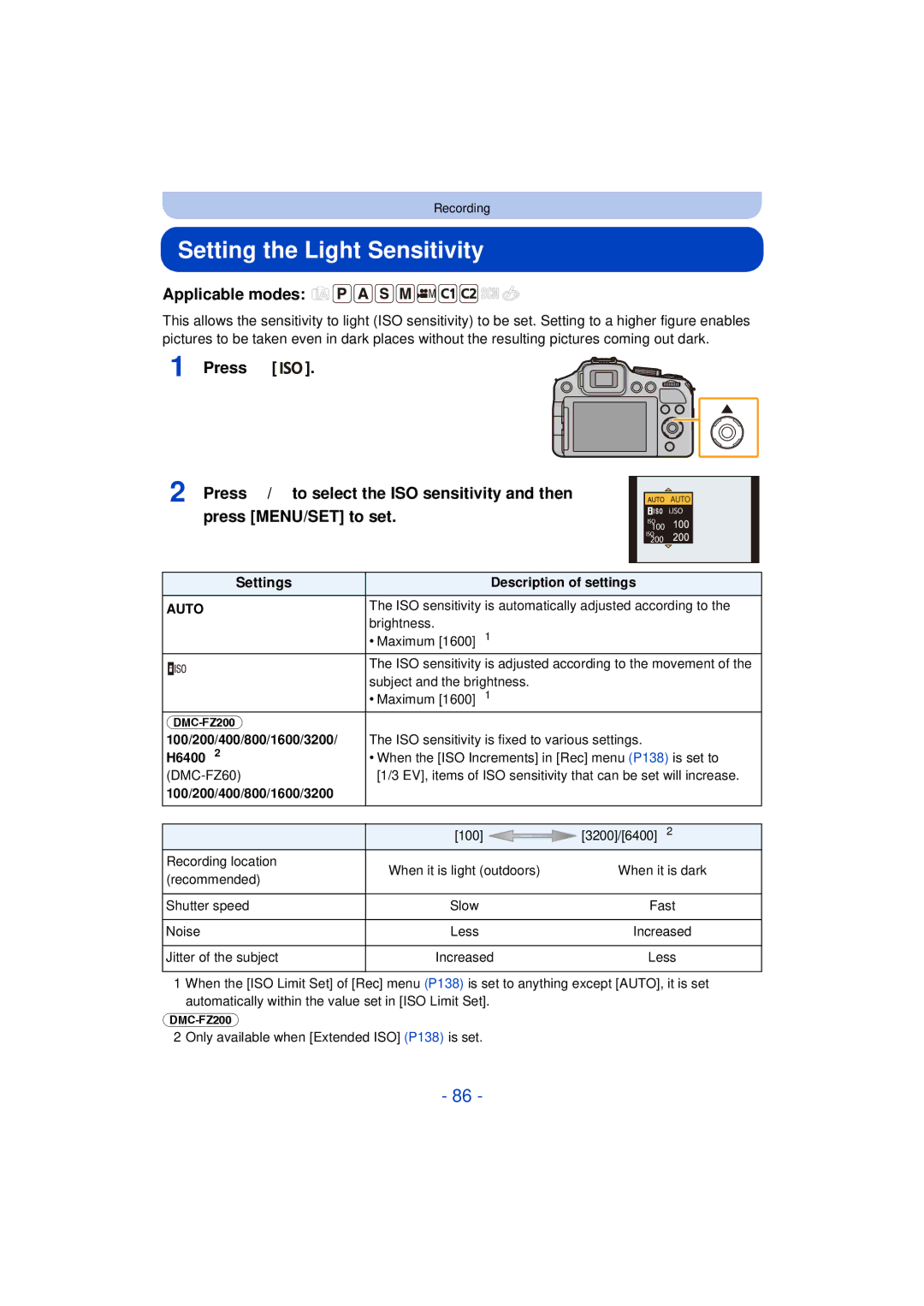 Panasonic DMC-FZ60K, DMC-FZ200K owner manual Setting the Light Sensitivity, Settings, H6400¢2 