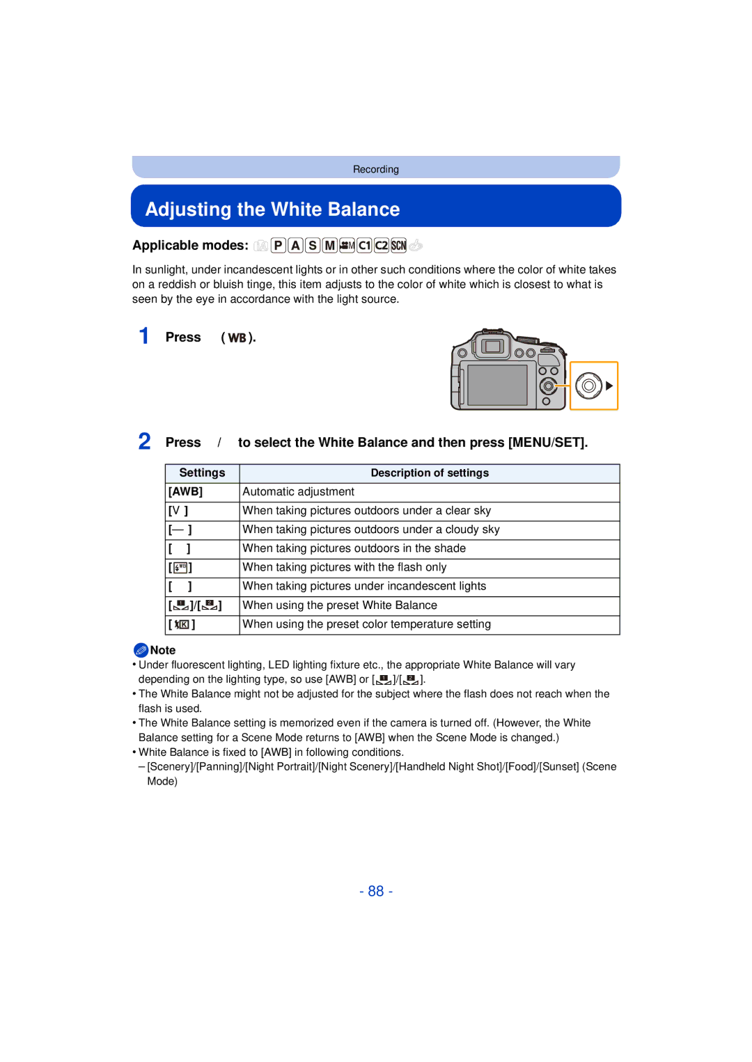 Panasonic DMC-FZ60K, DMC-FZ200K owner manual Adjusting the White Balance 