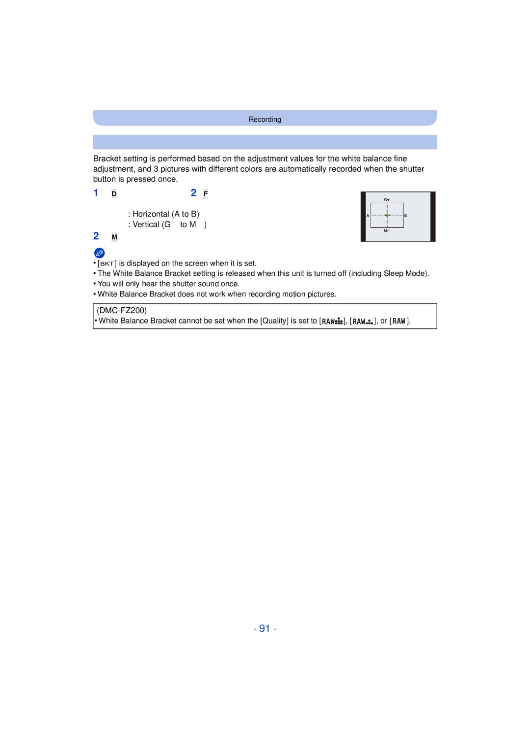 Panasonic DMC-FZ200K, DMC-FZ60K owner manual White Balance Bracket, Horizontal a to B Vertical Gi to Mj, Press MENU/SET 