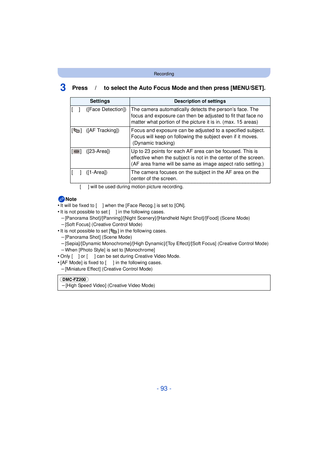 Panasonic DMC-FZ60K, DMC-FZ200K owner manual Settings, AF area frame will be same as image aspect ratio setting 