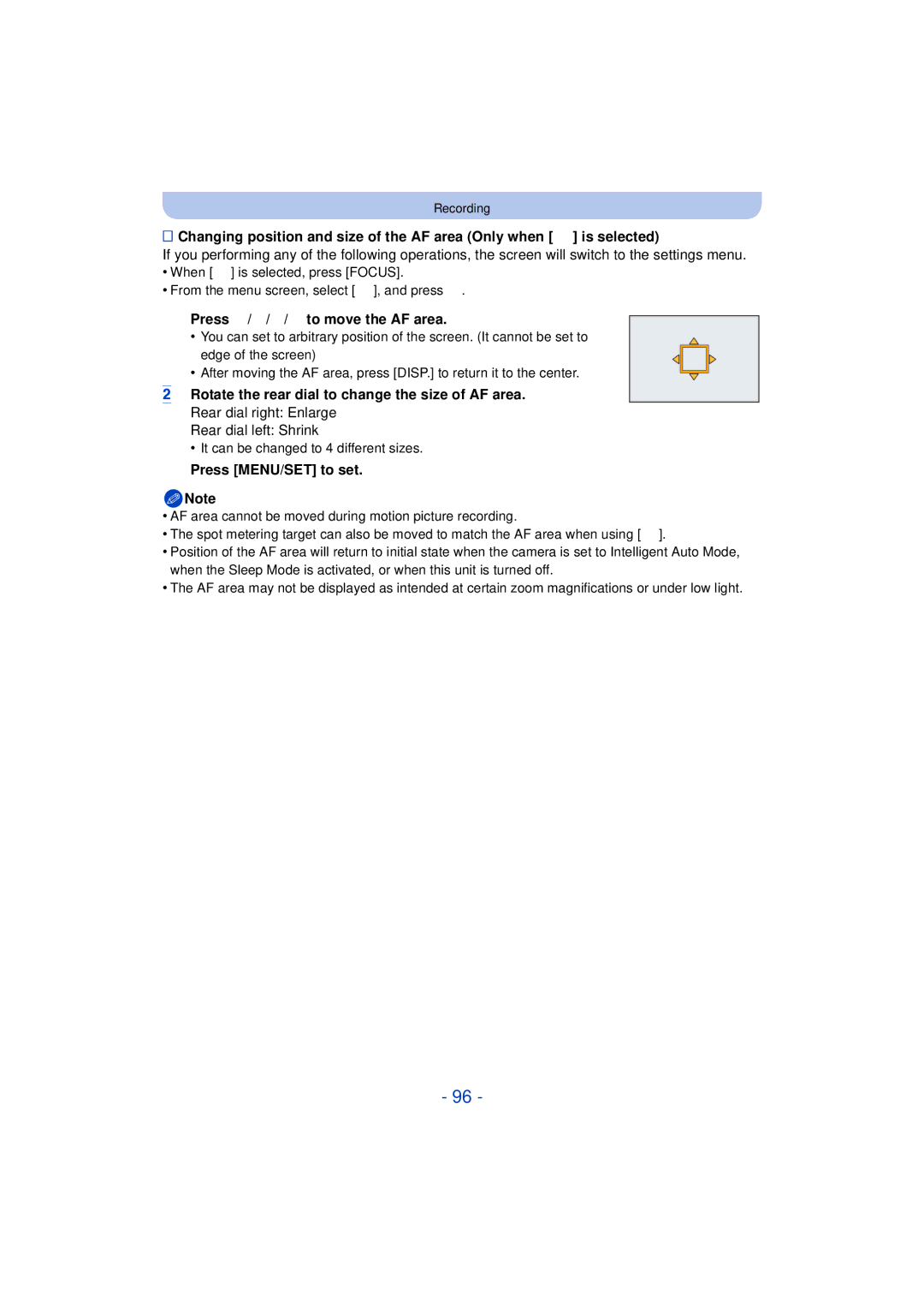 Panasonic DMC-FZ60K, DMC-FZ200K owner manual Press 3/4/2/1 to move the AF area, Rear dial left Shrink 