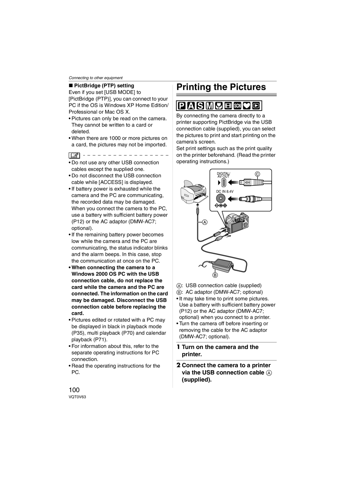 Panasonic DMCFZ7S, DMC-FZ7, DMCFZ7K operating instructions Printing the Pictures, 100 