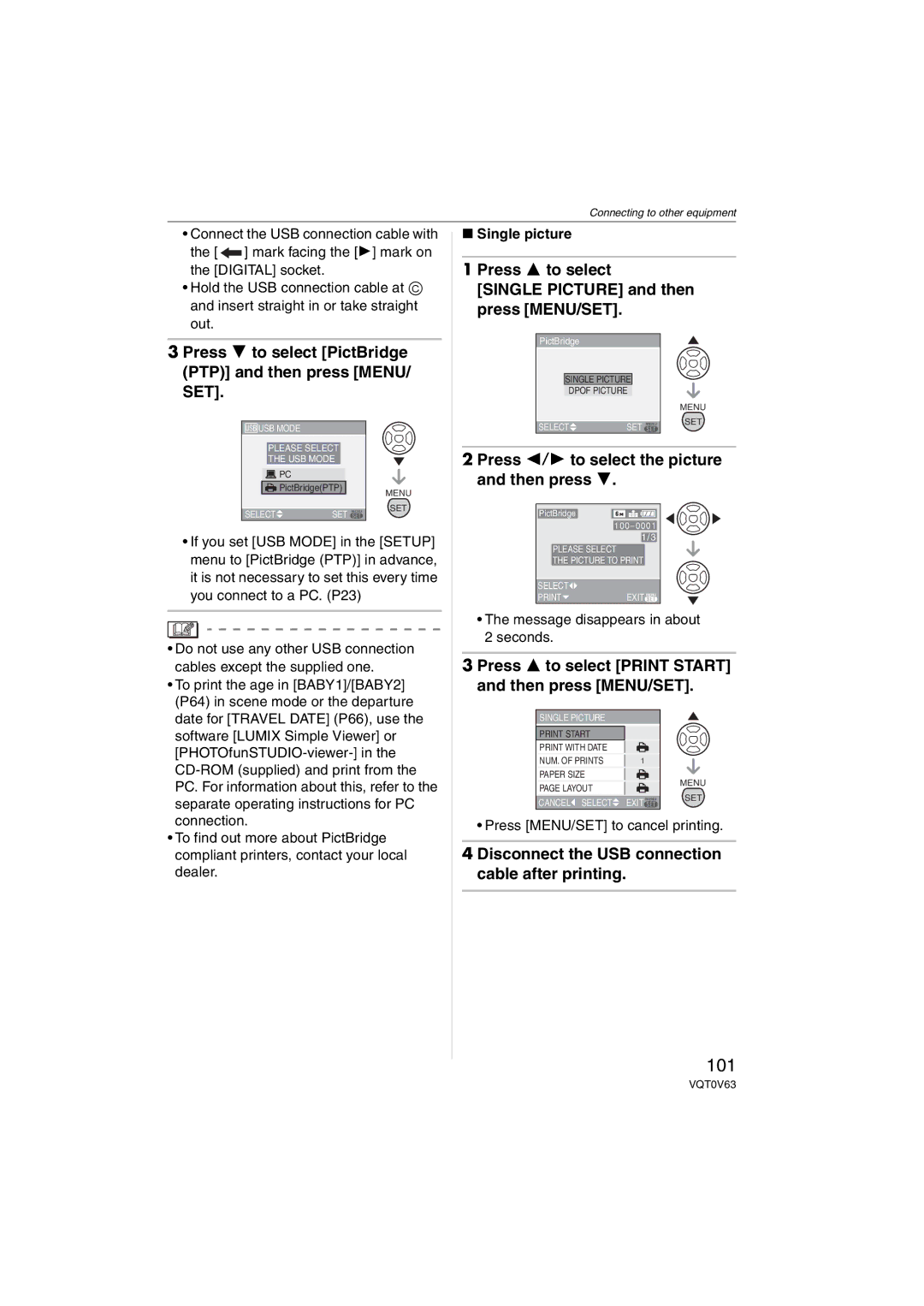 Panasonic DMCFZ7K, DMC-FZ7, DMCFZ7S operating instructions 101, Press 4 to select PictBridge PTP and then press MENU/ SET 