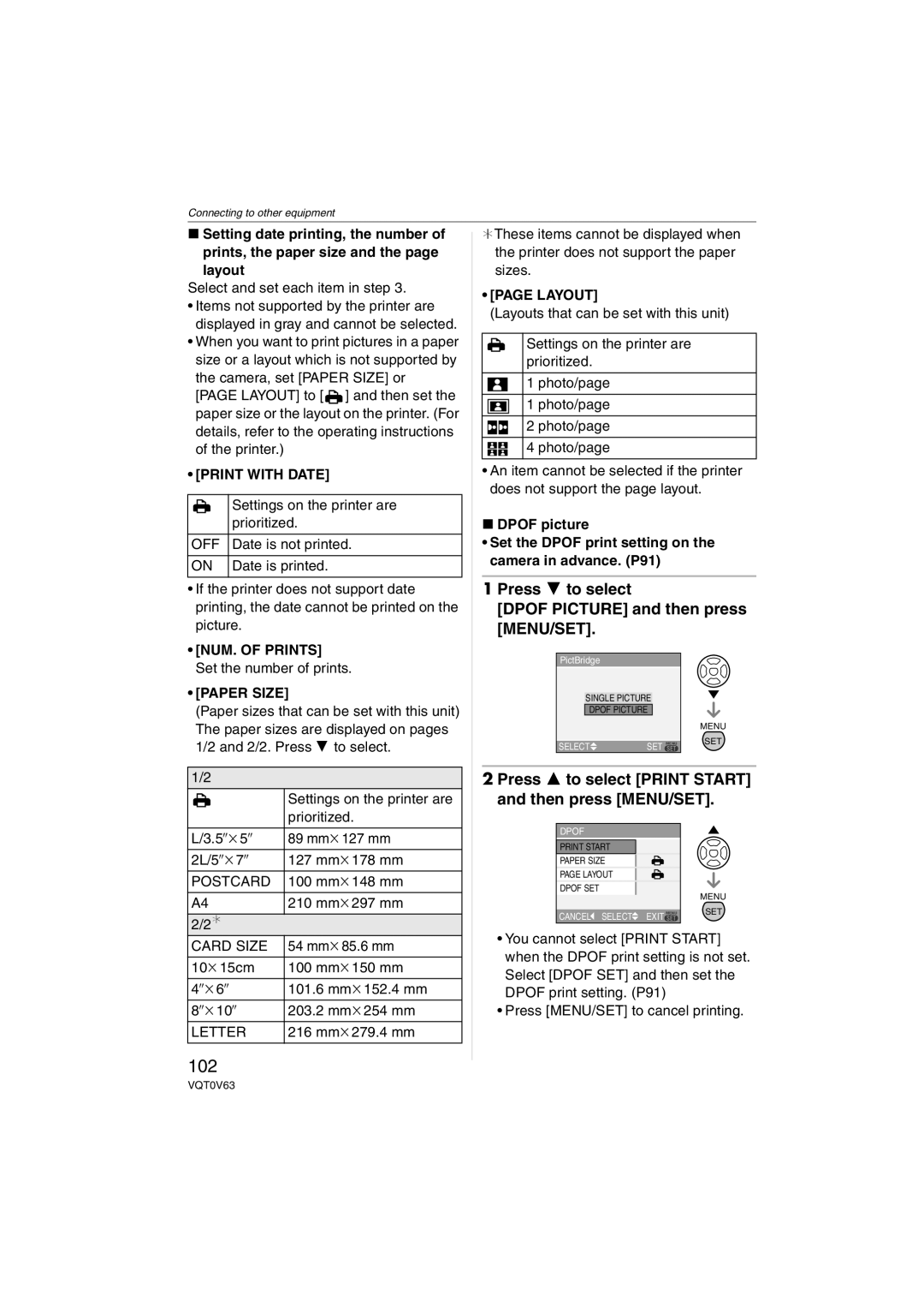 Panasonic DMC-FZ7, DMCFZ7S, DMCFZ7K operating instructions 102, Press 4 to select Dpof Picture and then press MENU/SET 