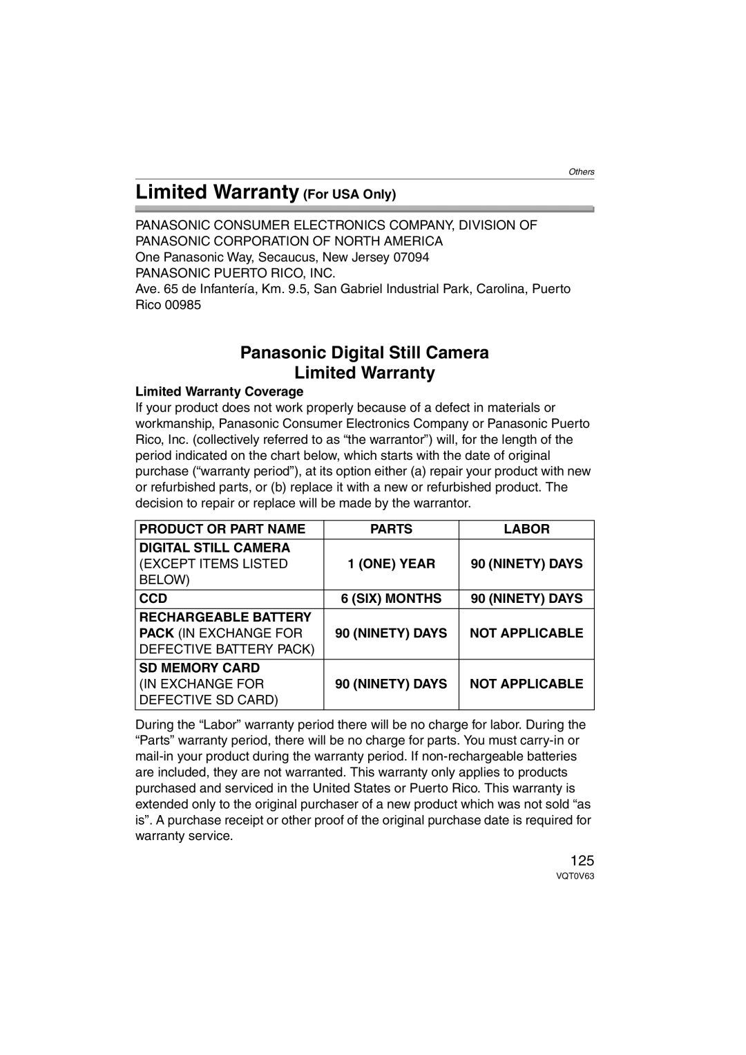 Panasonic DMCFZ7K, DMC-FZ7, DMCFZ7S operating instructions Limited Warranty For USA Only, 125, Limited Warranty Coverage 