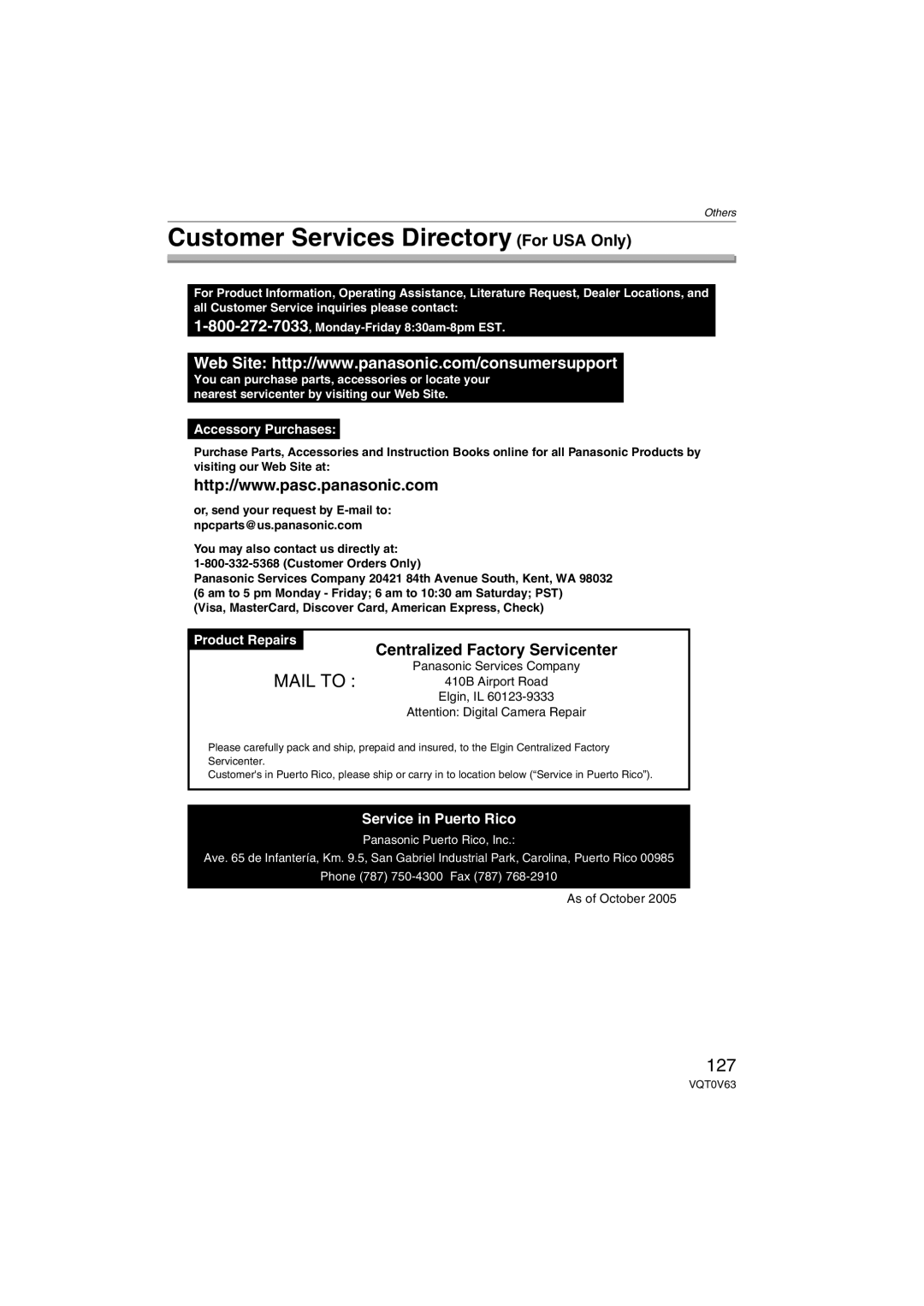 Panasonic DMCFZ7S, DMC-FZ7, DMCFZ7K Customer Services Directory For USA Only, 127, Centralized Factory Servicenter 