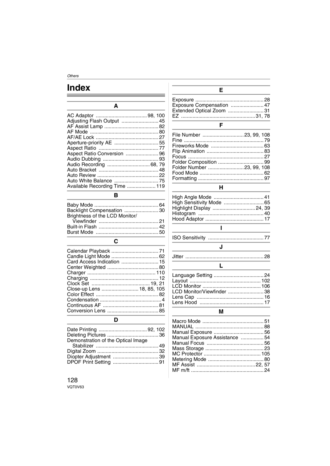 Panasonic DMCFZ7K, DMC-FZ7, DMCFZ7S operating instructions Index, 128 