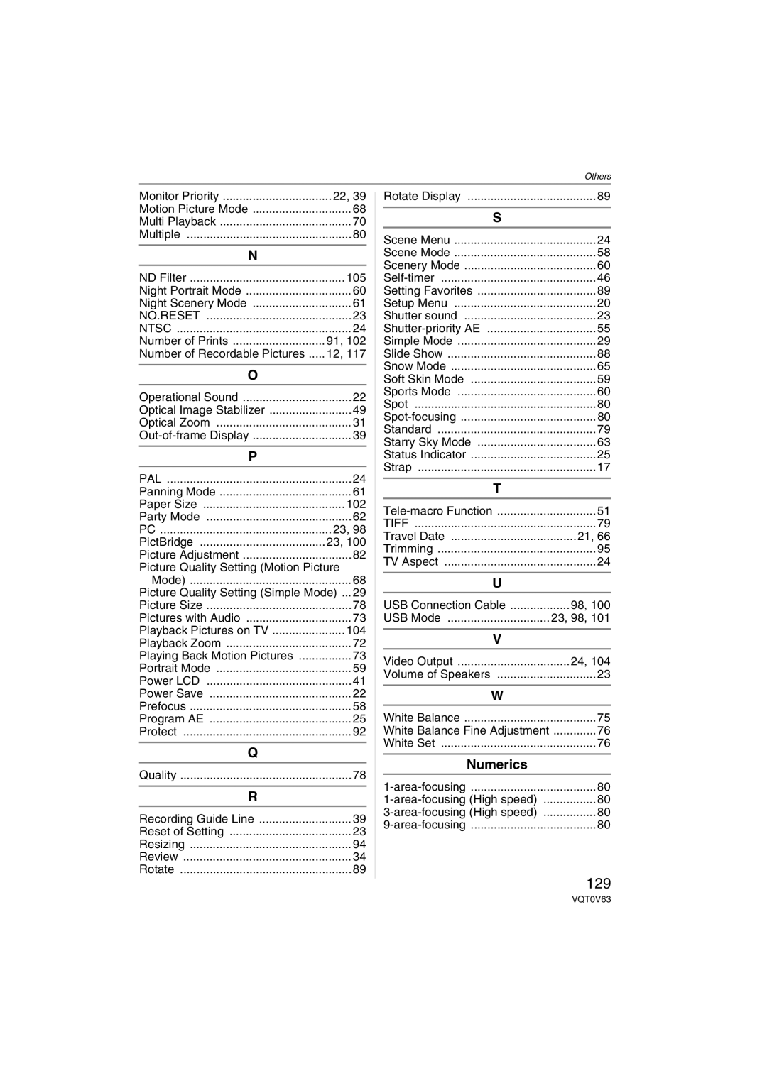 Panasonic DMC-FZ7, DMCFZ7S, DMCFZ7K operating instructions 129, Numerics 