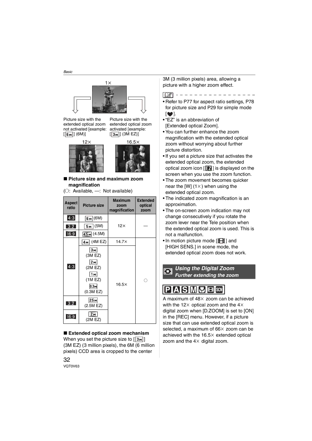 Panasonic DMCFZ7K Picture size and maximum zoom Magnification, ± Available, Not available, Extended optical zoom mechanism 