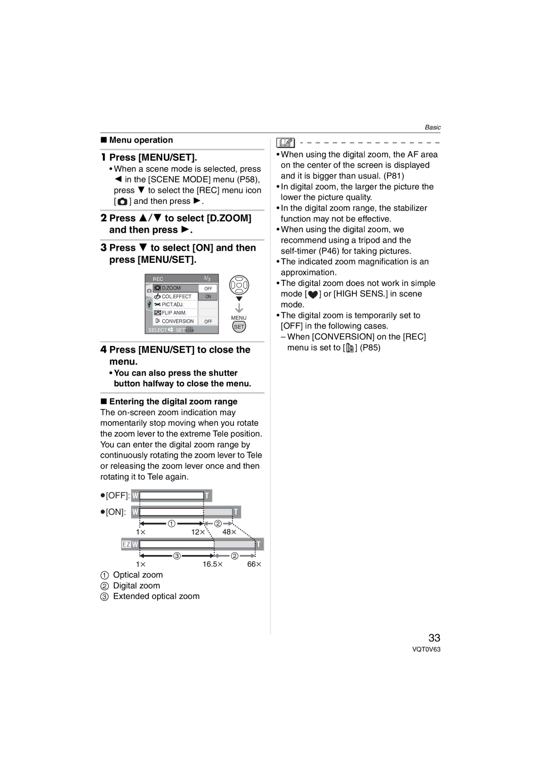 Panasonic DMC-FZ7, DMCFZ7S, DMCFZ7K operating instructions Press MENU/SET, Menu operation 